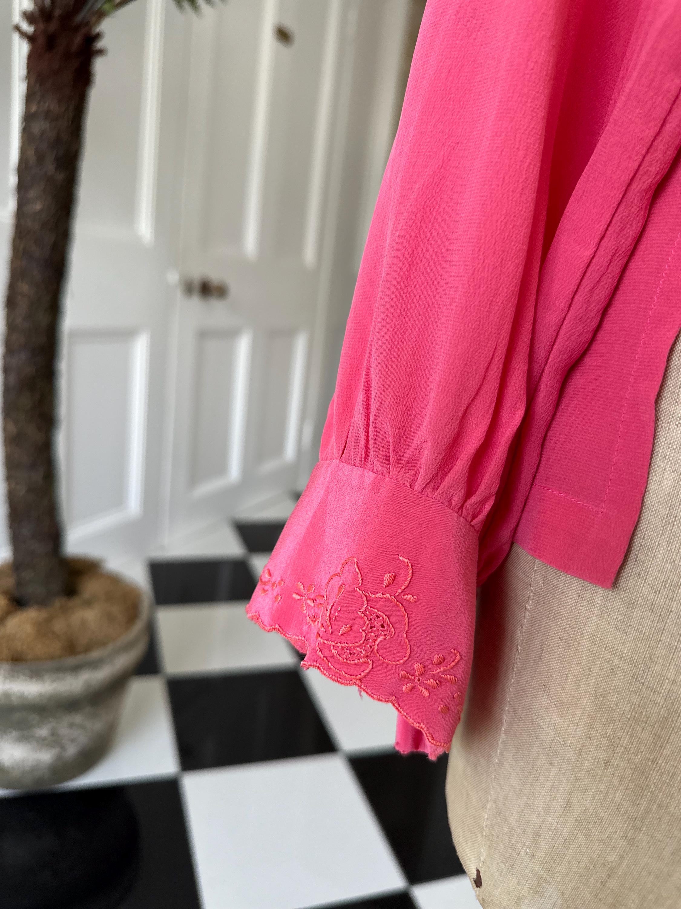 1950s dark pink silk long sleeve blouse with hand embroidery