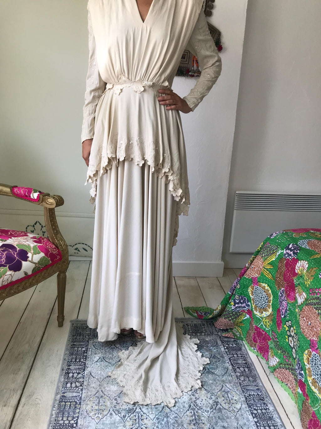 1940s Vintage Cream Georgette Wedding Dress with Floral Embroidery