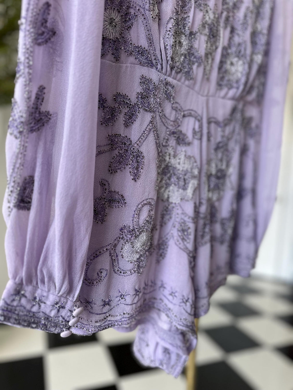 Vintage chiffon Lavender Beaded Floral Romper with Open Back and Long Sleeves
