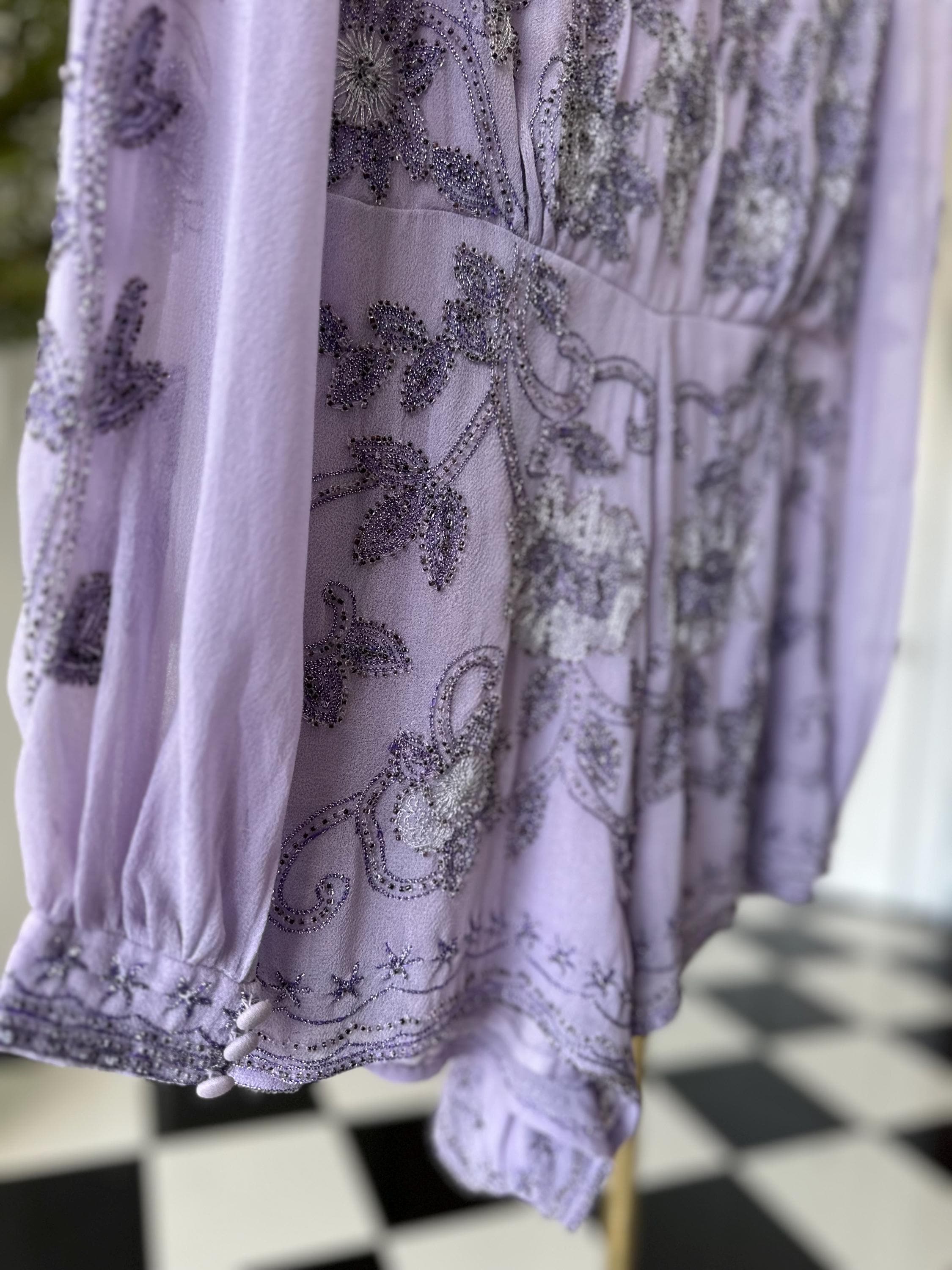 Vintage chiffon Lavender Beaded Floral Romper with Open Back and Long Sleeves