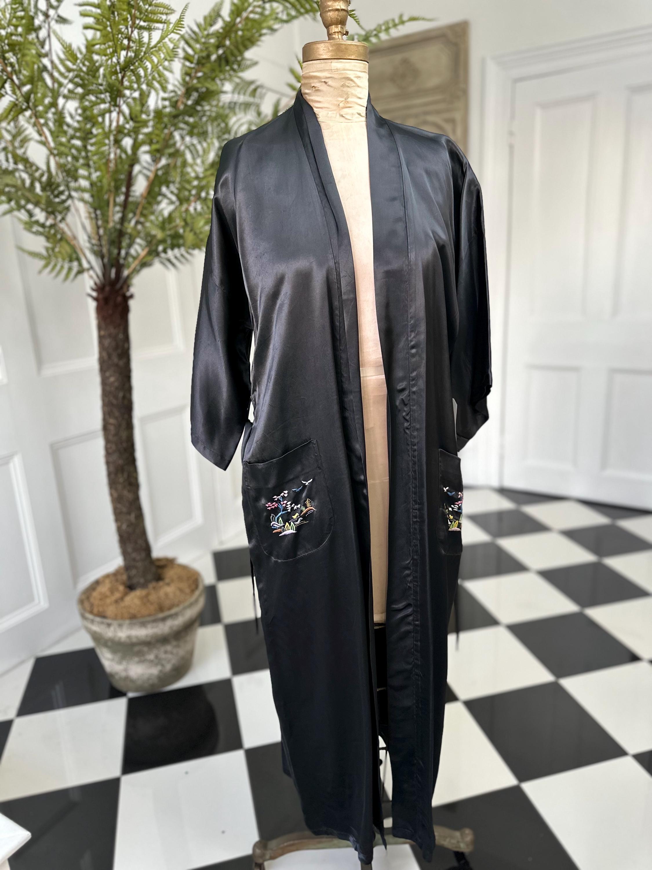 Vintage 1970 black satin embroidered kimono