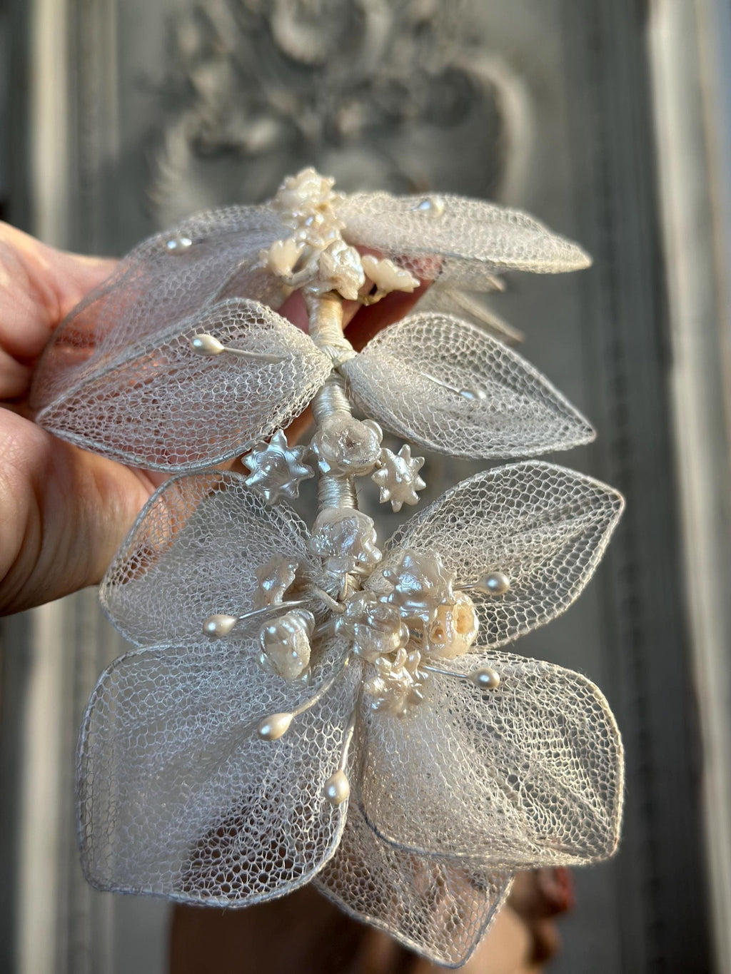 Antique 1940s  Floral Wax Tiara with tulle