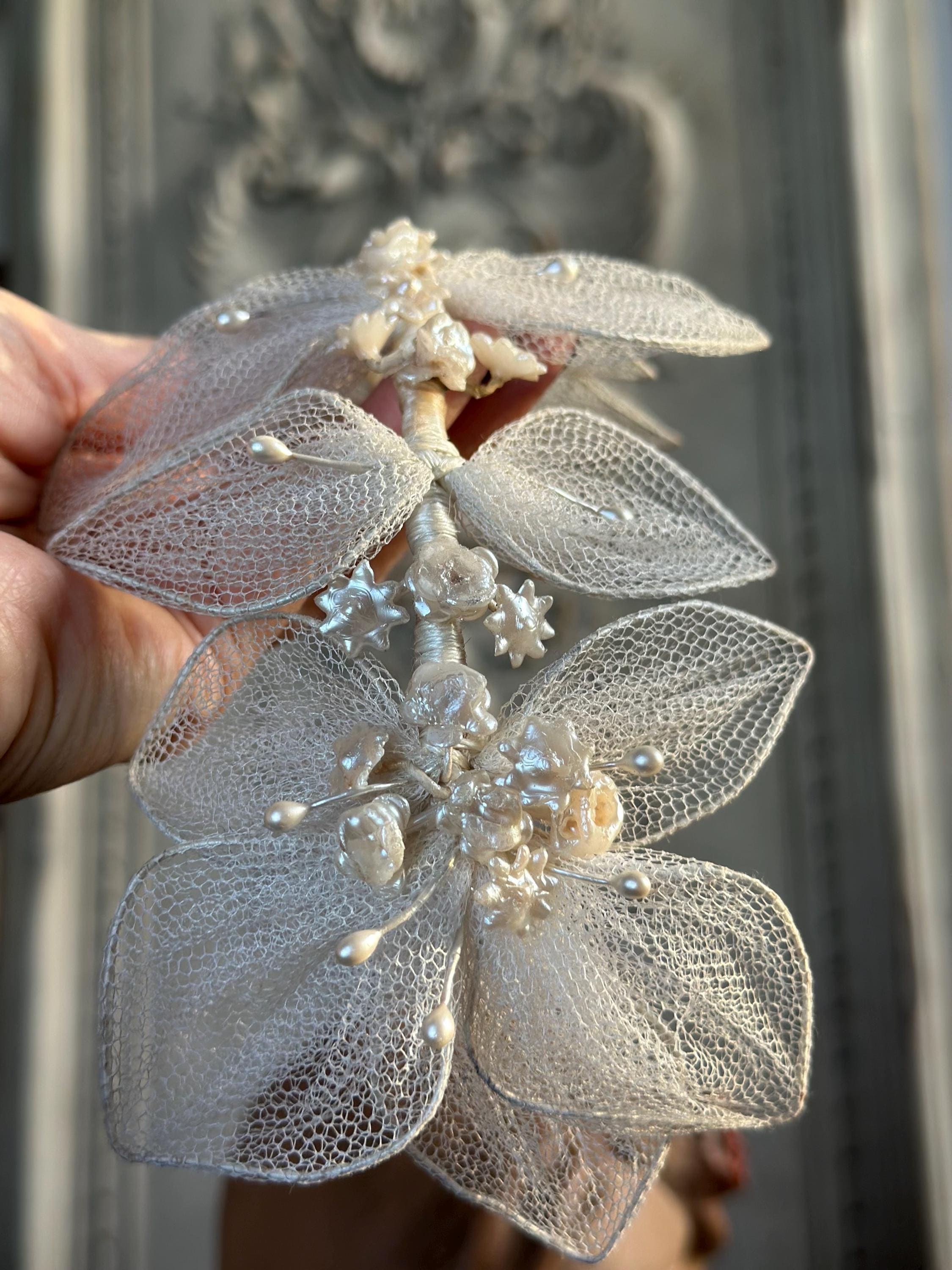 Antique 1940s  Floral Wax Tiara with tulle