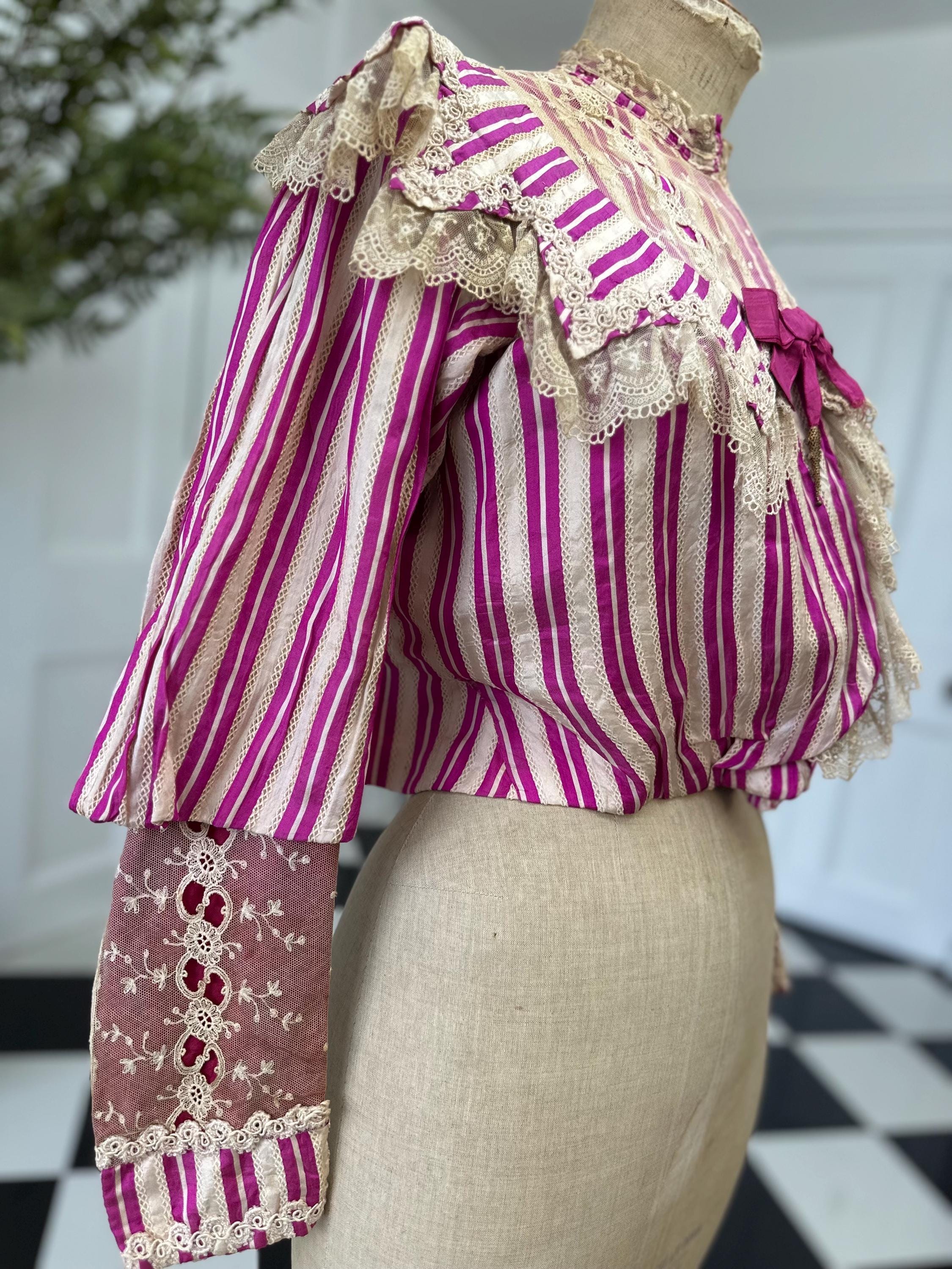 Edwardian Hot Pink Striped Silk Bodice with Lace