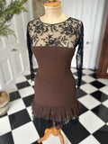 Designer 1980s Oscar de la Renta silk brown and black lace dress