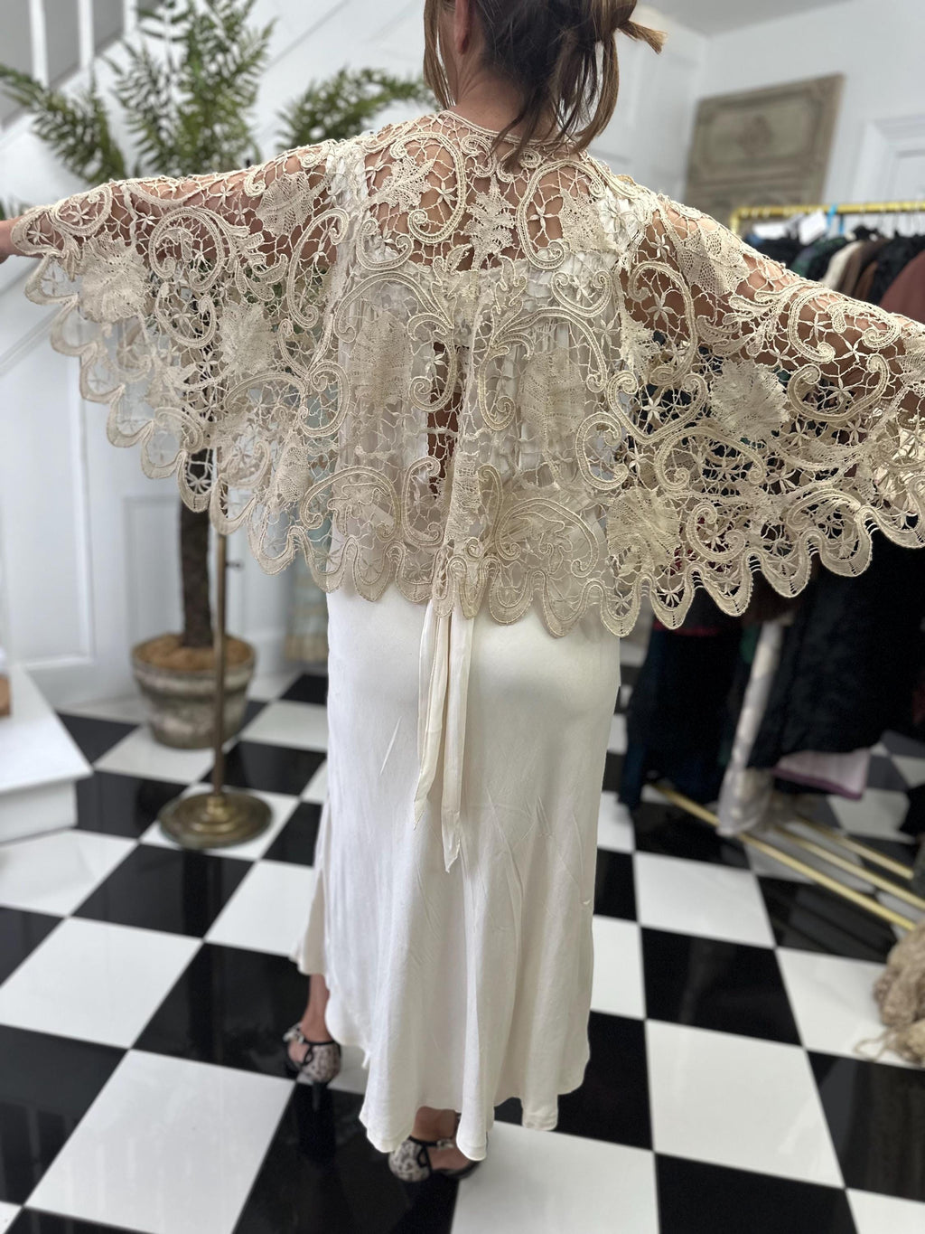 19th Century Cream Bobbin Lace Cape: Sage Green Silk Ribbon, Cotton