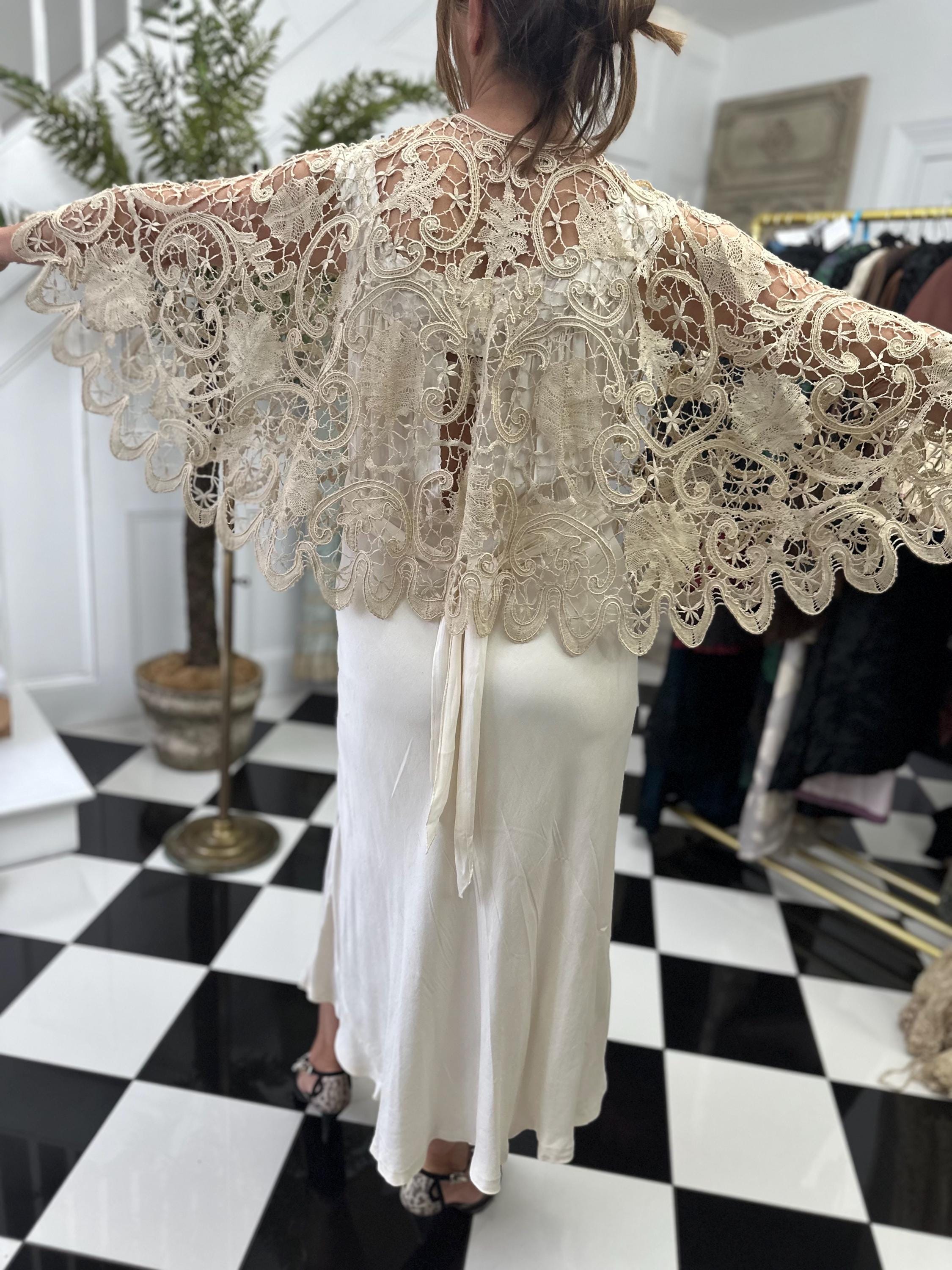 19th Century Cream Bobbin Lace Cape: Sage Green Silk Ribbon, Cotton