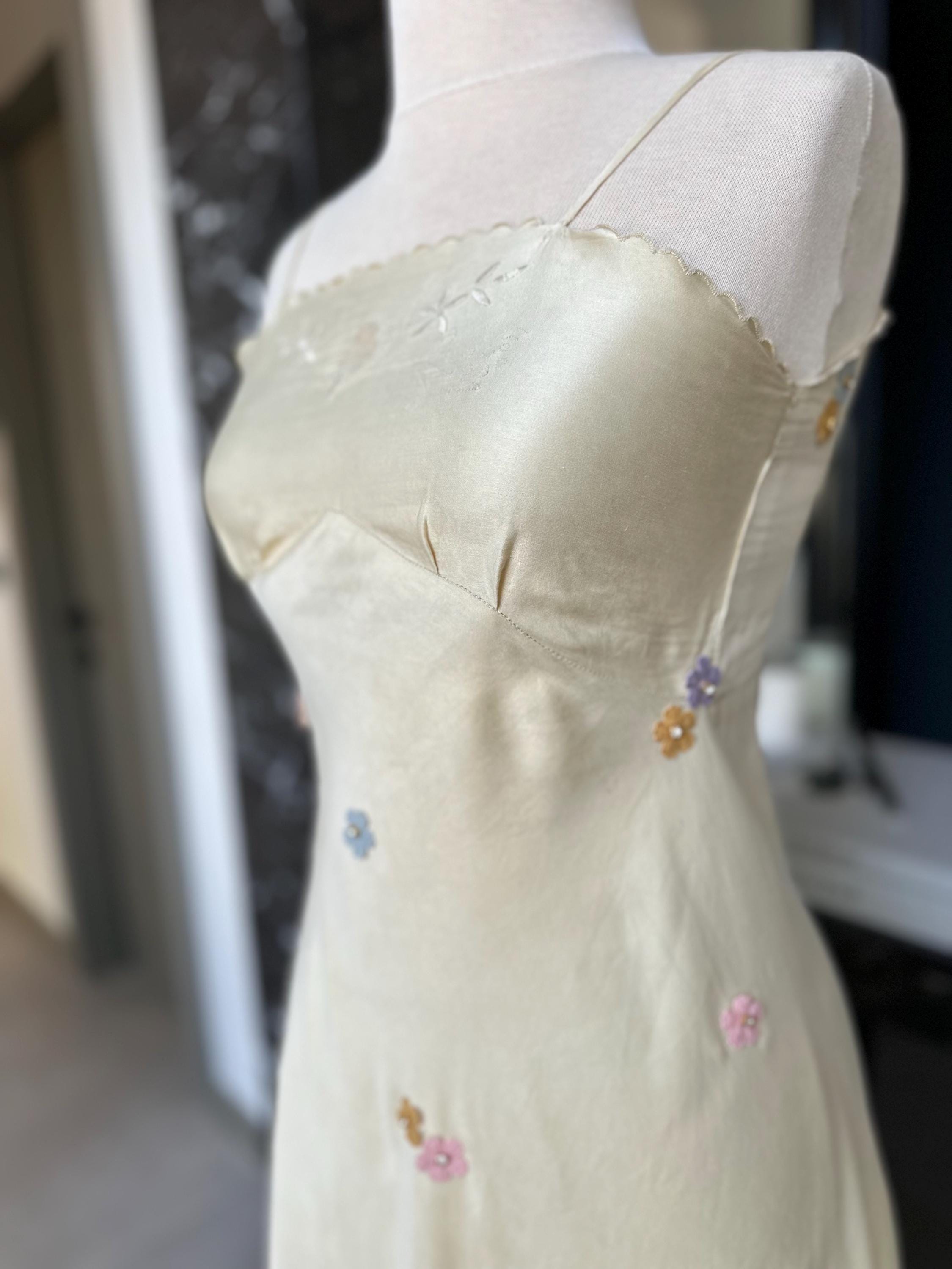 The Summer in Provence Silk Gown – Authentic 1940s Buttercream Silk with Florals applique