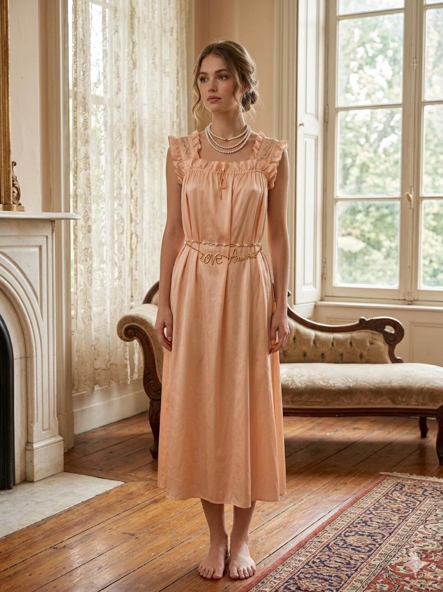 Vintage 1930s 40s  peach Silk smock slip dress hand embroidery and ruffle trimming