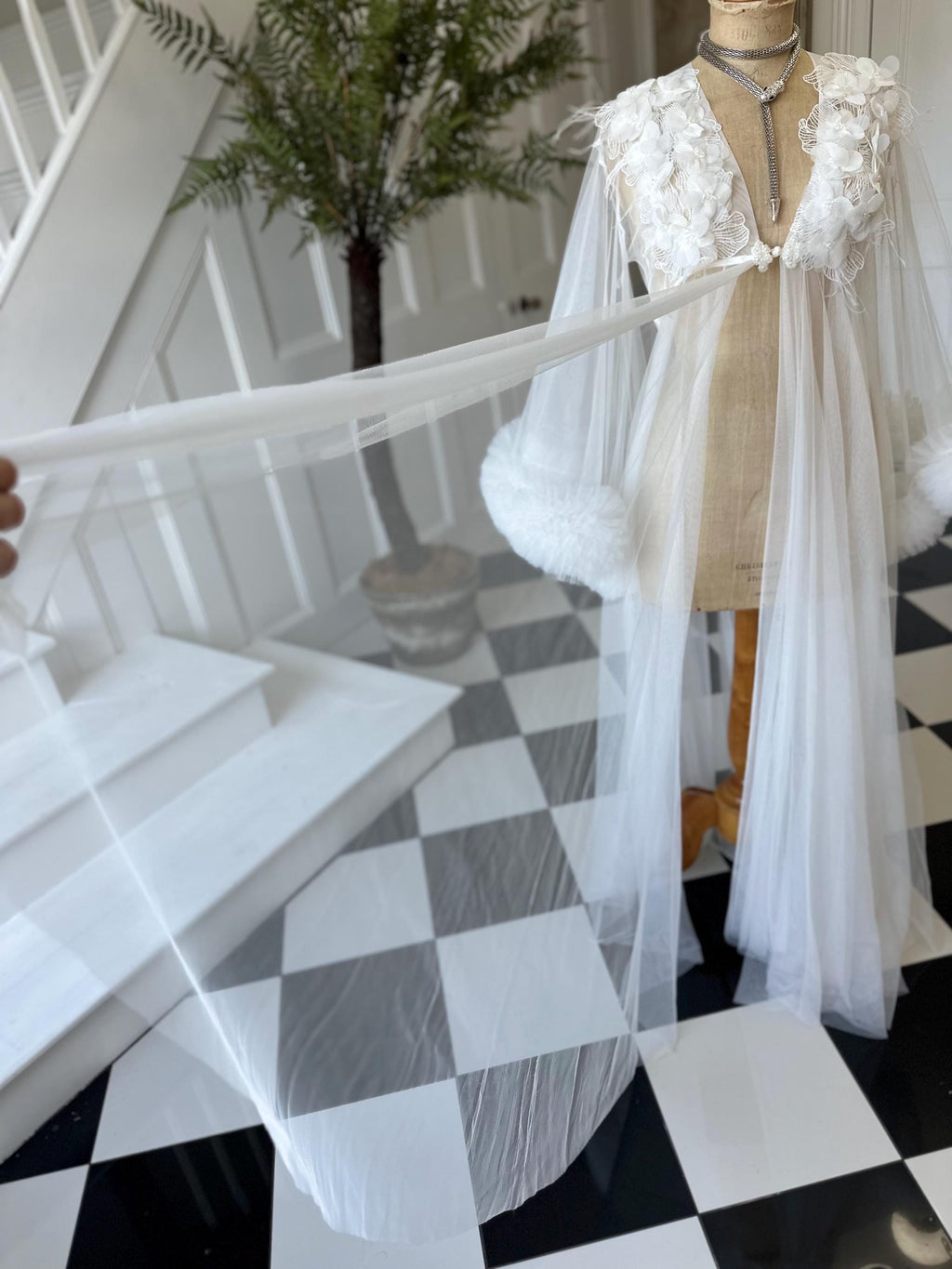 The Aurelia applique 3D floral tulle couture robe with voluminous ruffle sleeves