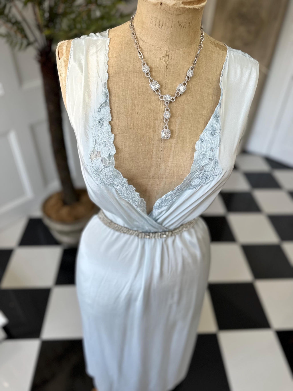 Sexy 1980s long slip dress in pale blue