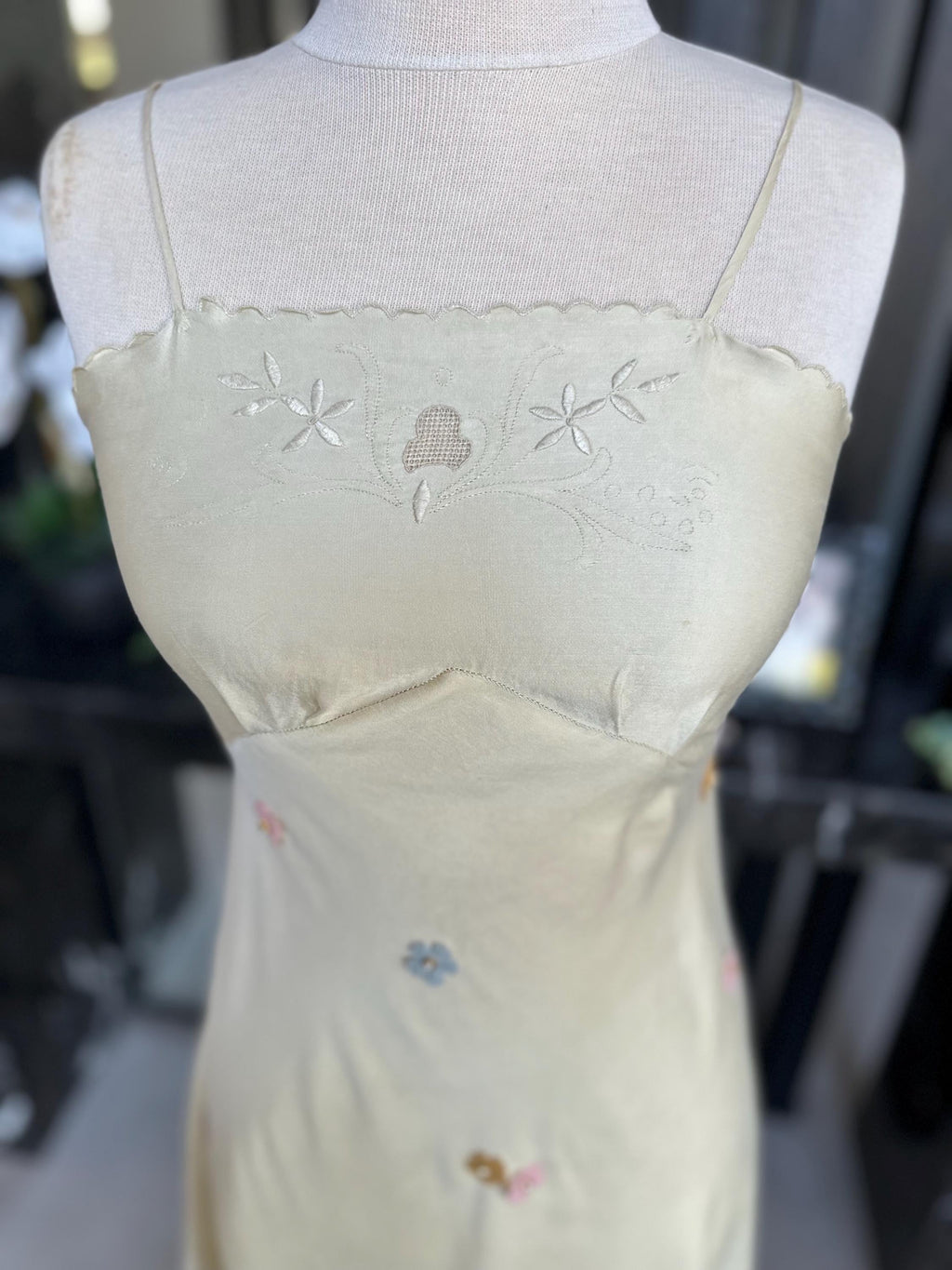 The Summer in Provence Silk Gown – Authentic 1940s Buttercream Silk with Florals applique