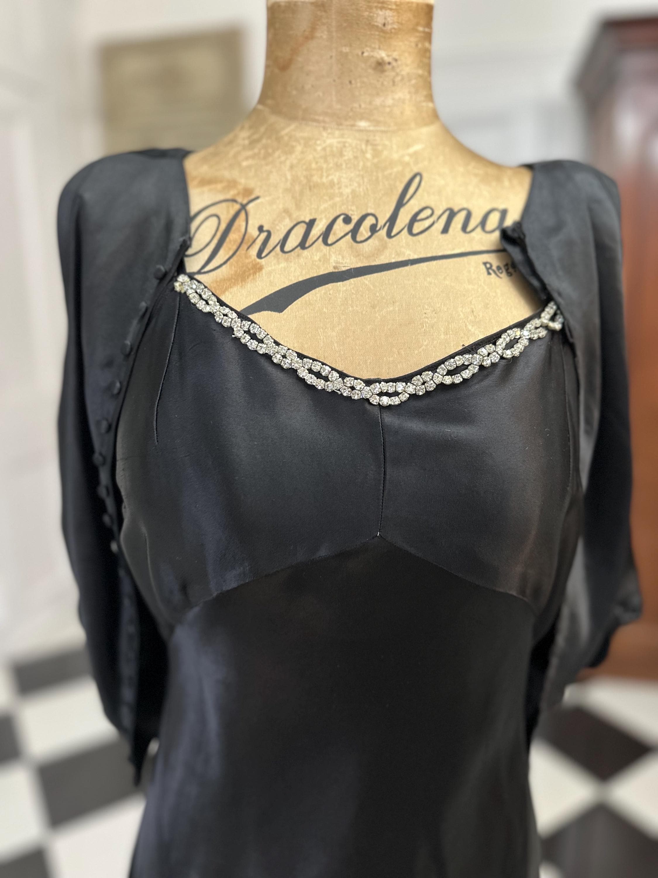 1930s Bias cut silk satin black slip dress with matching bolero