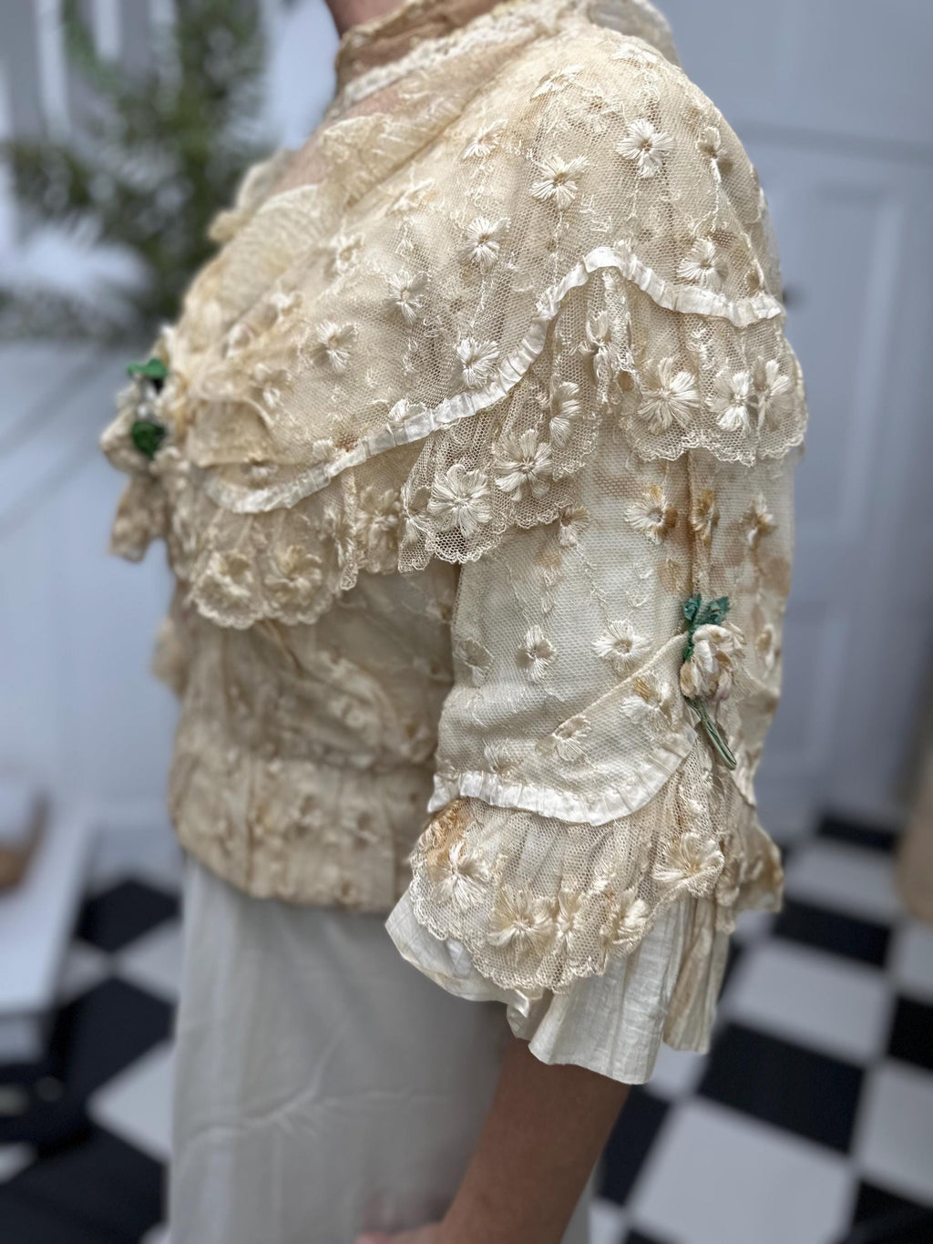 Romantic Lace Bridal Bodice Silk Embroidery with Floral Corsage and Silk Ribbon Details