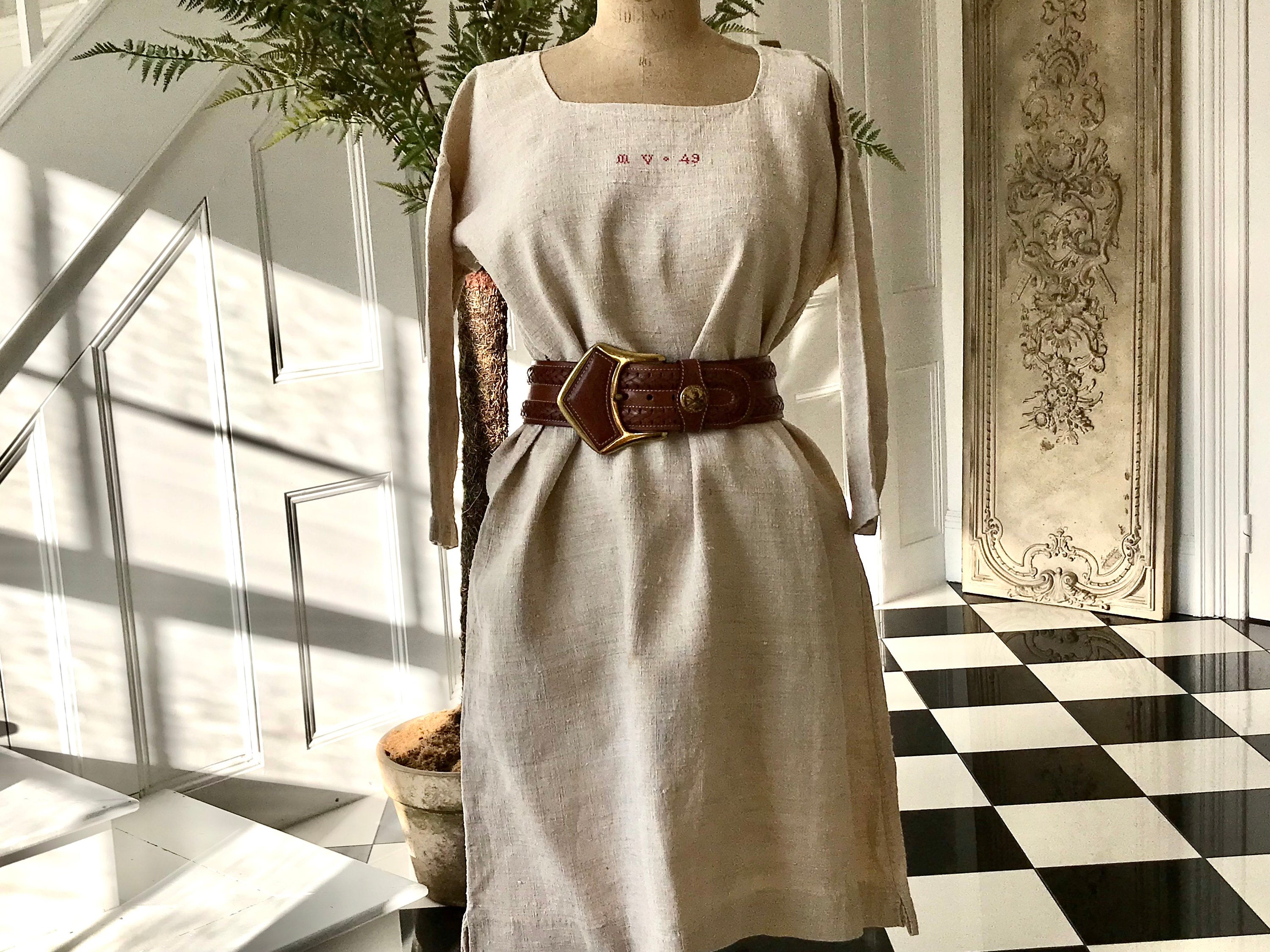French 1800s Rustic farmers shirt dress hemp linen with monogram MV 49