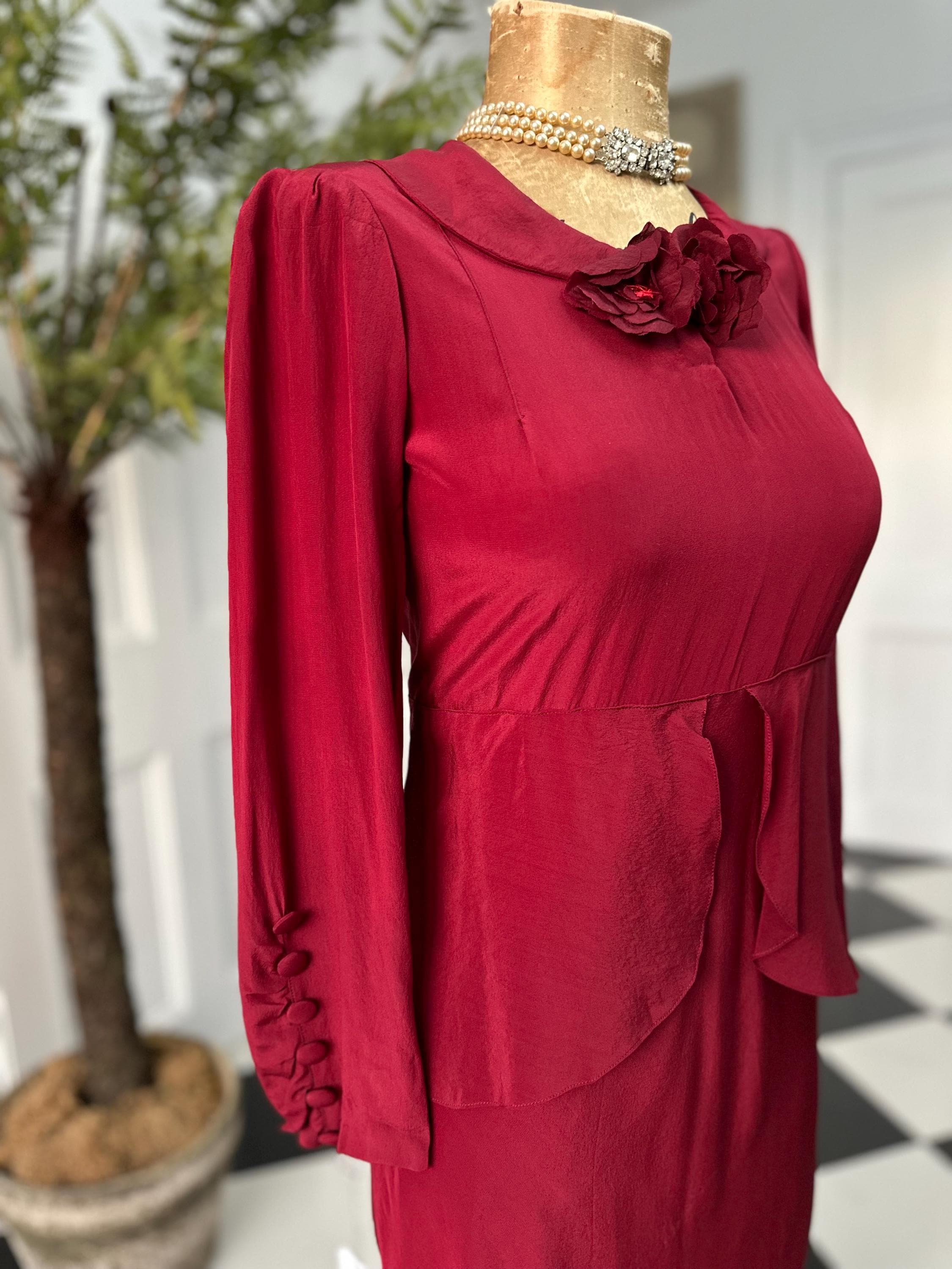 1940 Ruby red peplum dress with silk corsage