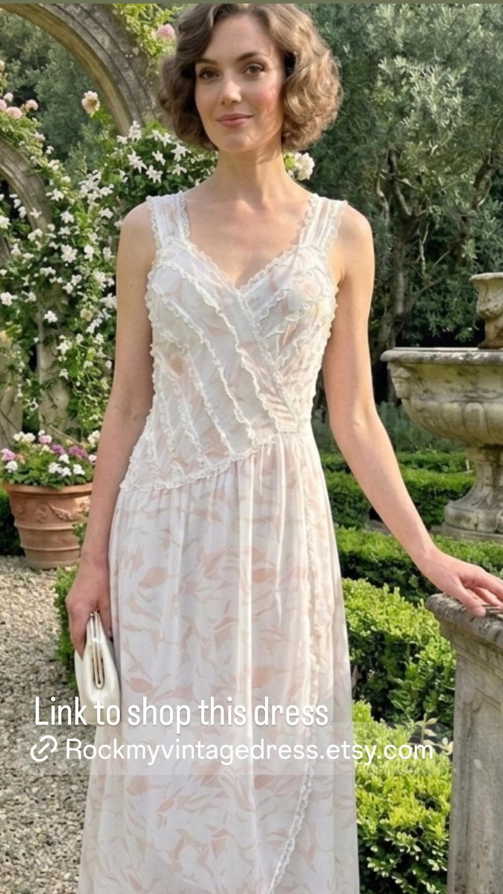 Vintage Chiffon Lightweight Slip Dress with Lace Ruffle Front – White and Peach Details