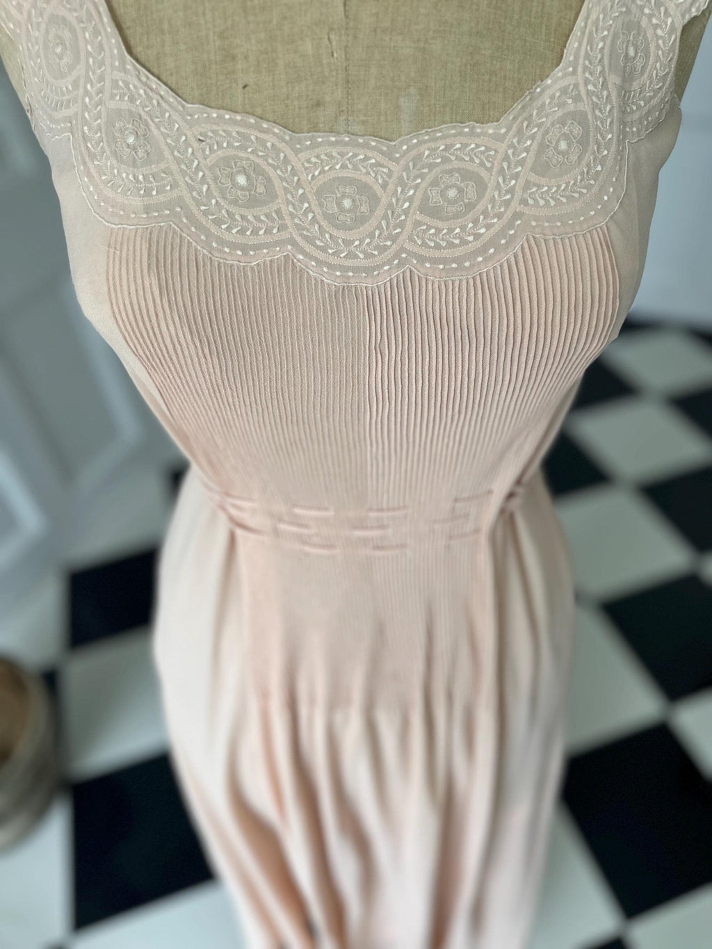 1930s Silk Crepe Gown: Hand-Embroidered Lace, Bias Cut Maxi Dress