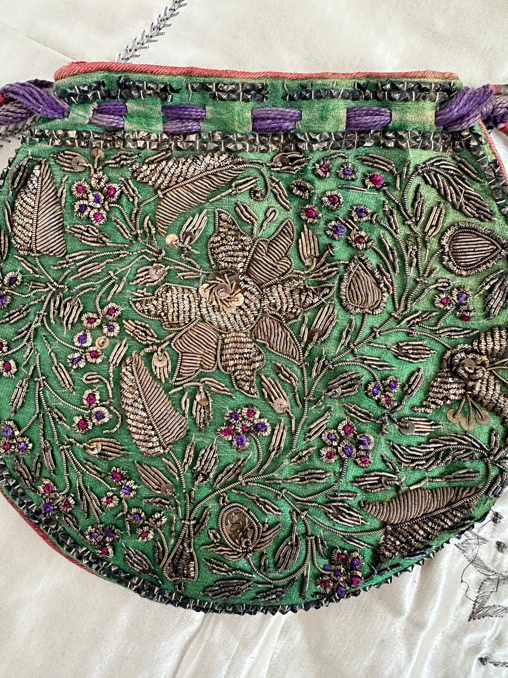 Antique Zardozi Purse: 19th Century Emerald Green Satin Coin Purse