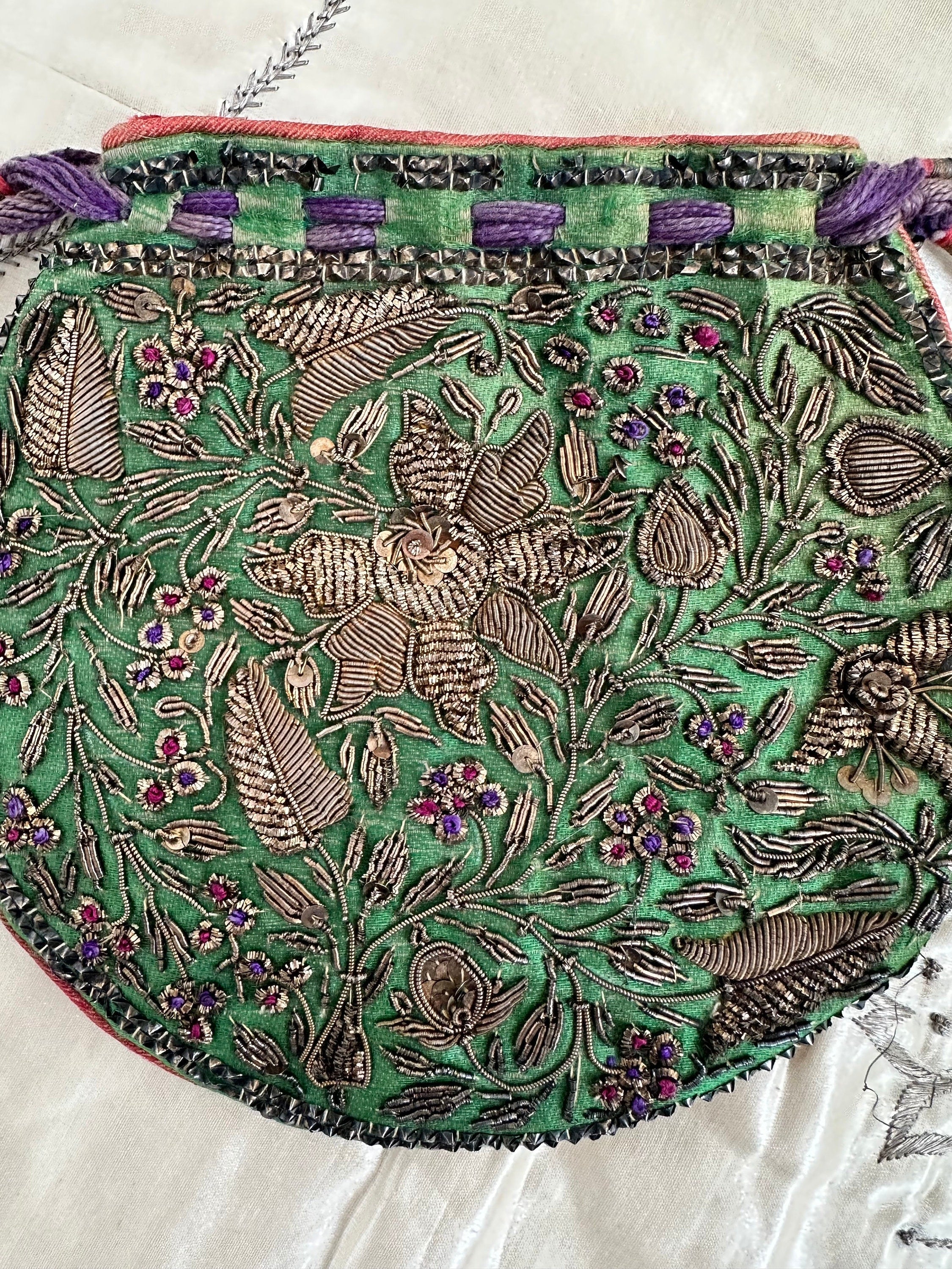 Antique Zardozi Purse: 19th Century Emerald Green Satin Coin Purse