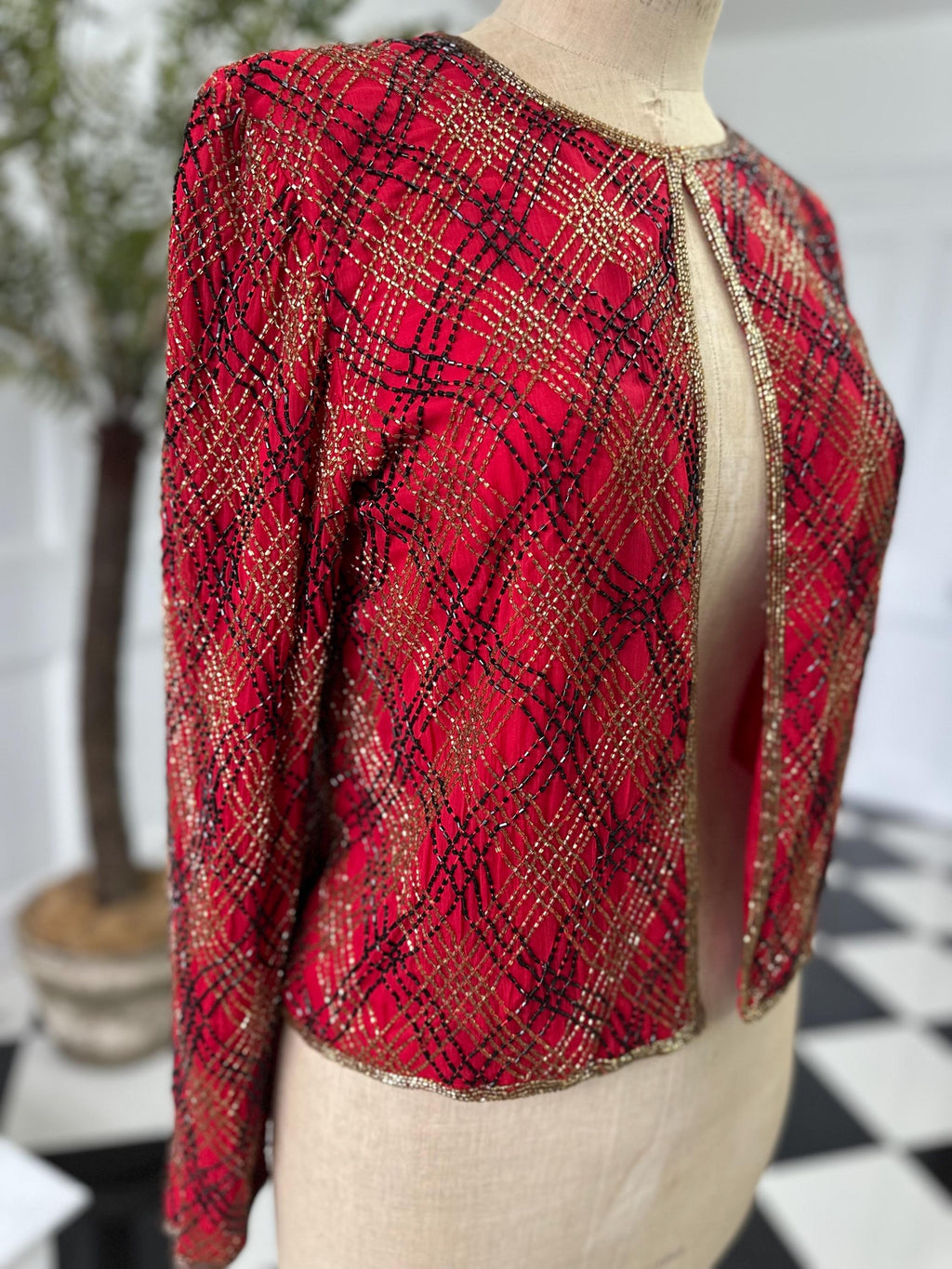 1980 silk red coctail jacket in black and gold beading