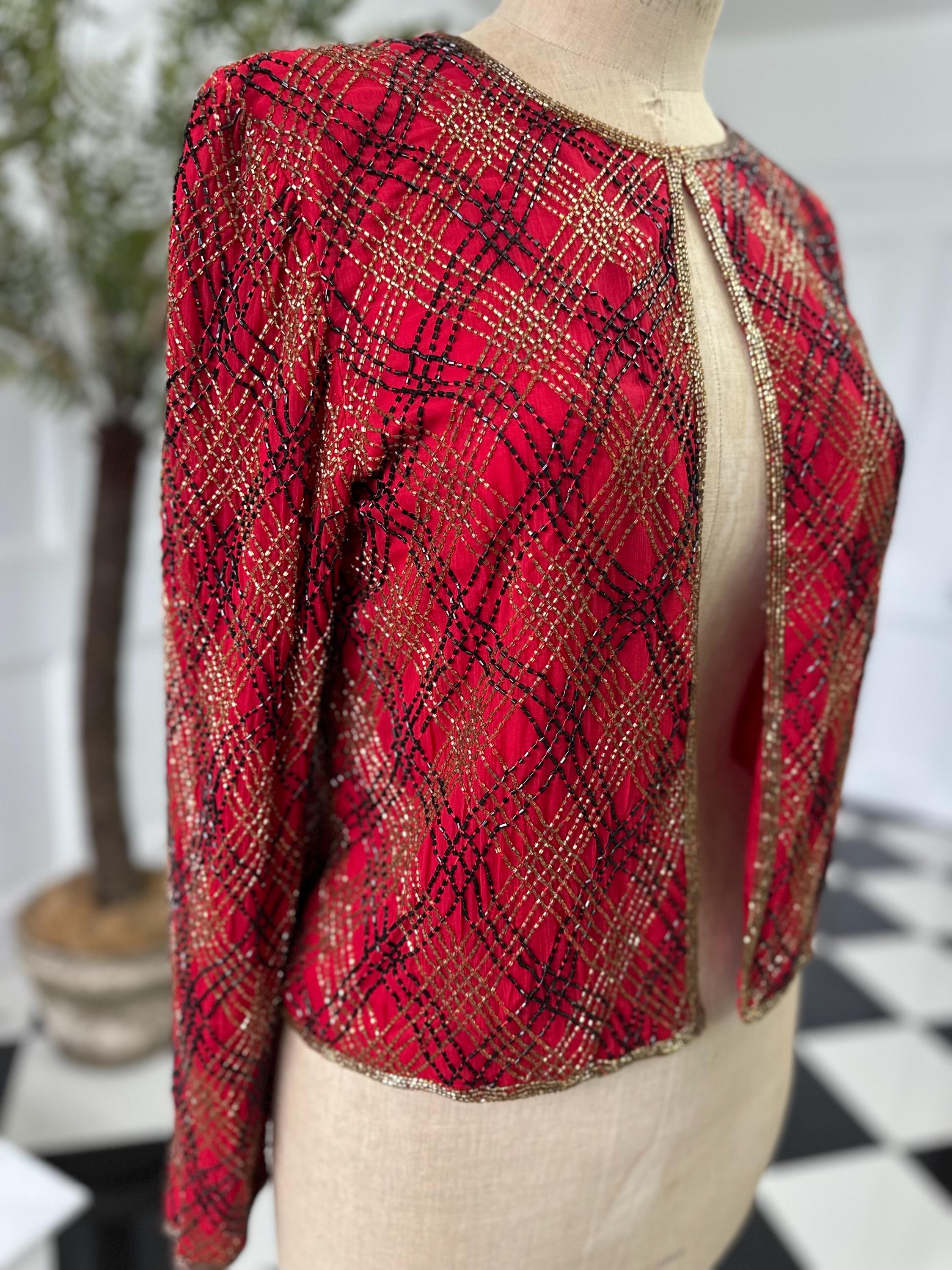 1980 silk red coctail jacket in black and gold beading
