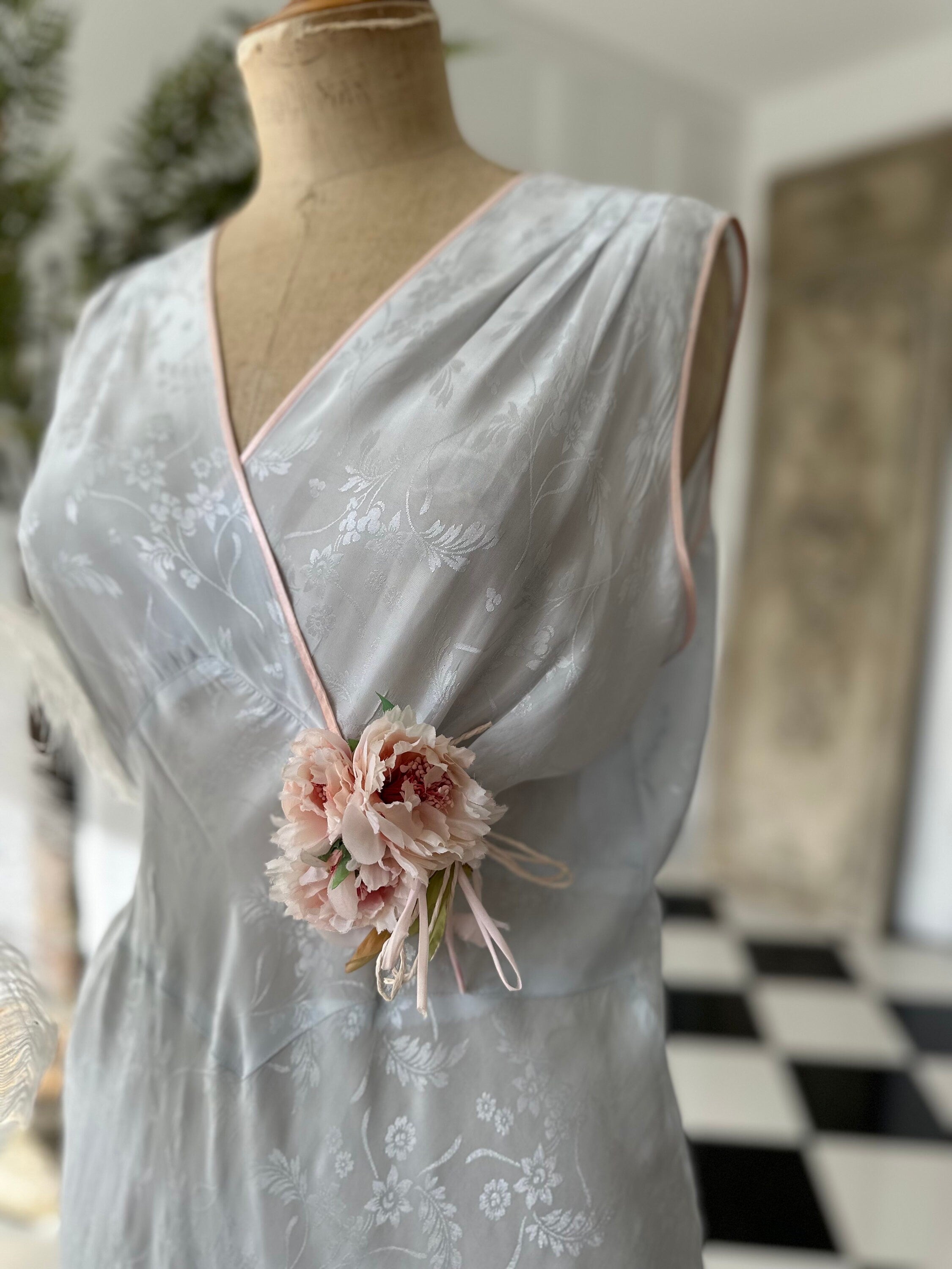 1930s Pale Blue Rayon Slip Dress - Lana Joyce Corsage Detail