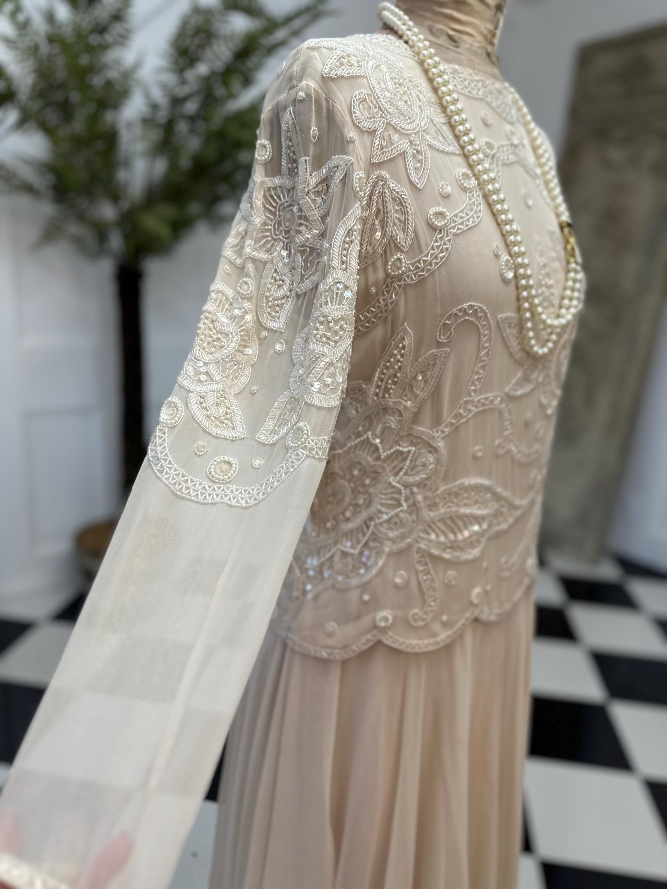 Vintage very pale pink silk party dress with beaded details