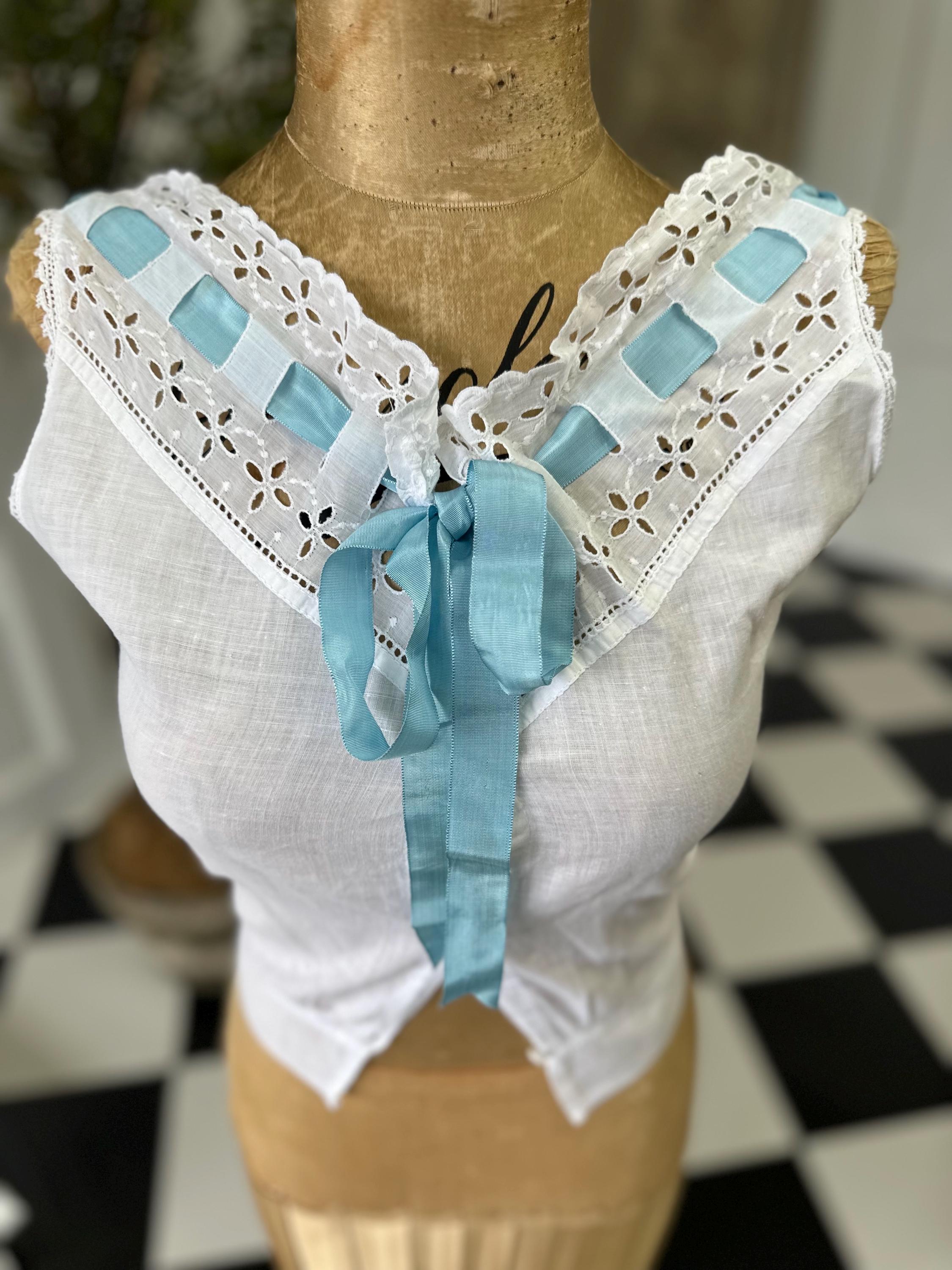 Elegant Edwardian Victorian Corset Cover with blue ribbon