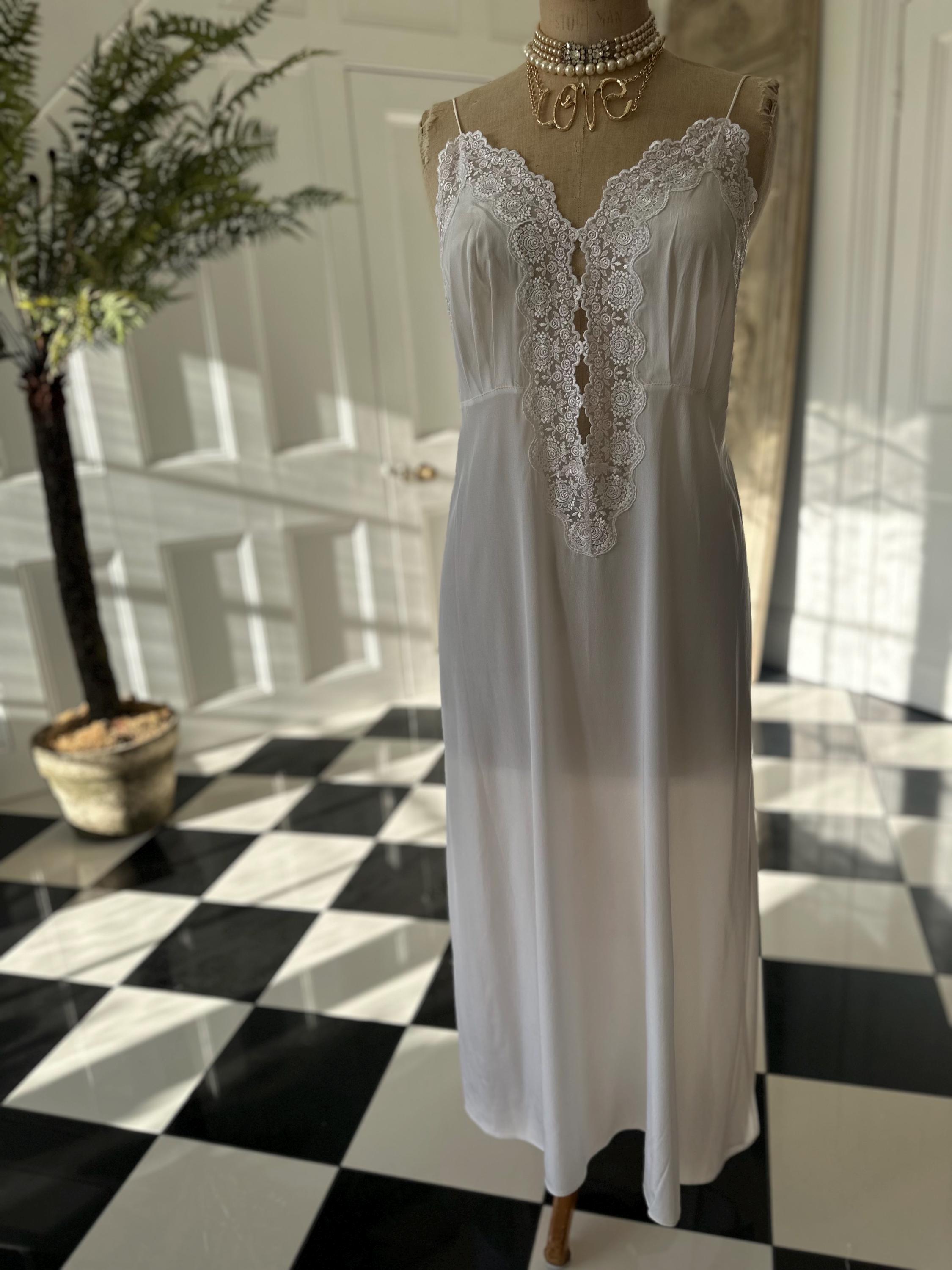 Vintage 1970s  White Silky Slip Gown | Deep V Floral Lace Inset Bridal Nightgown