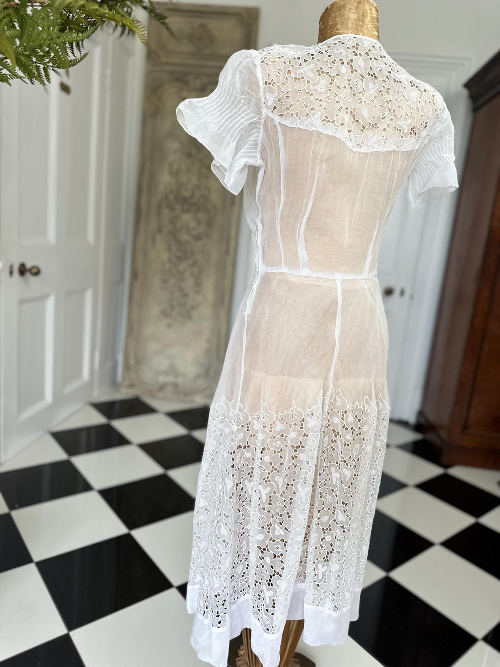 1940s white organdie cutout lace dress
