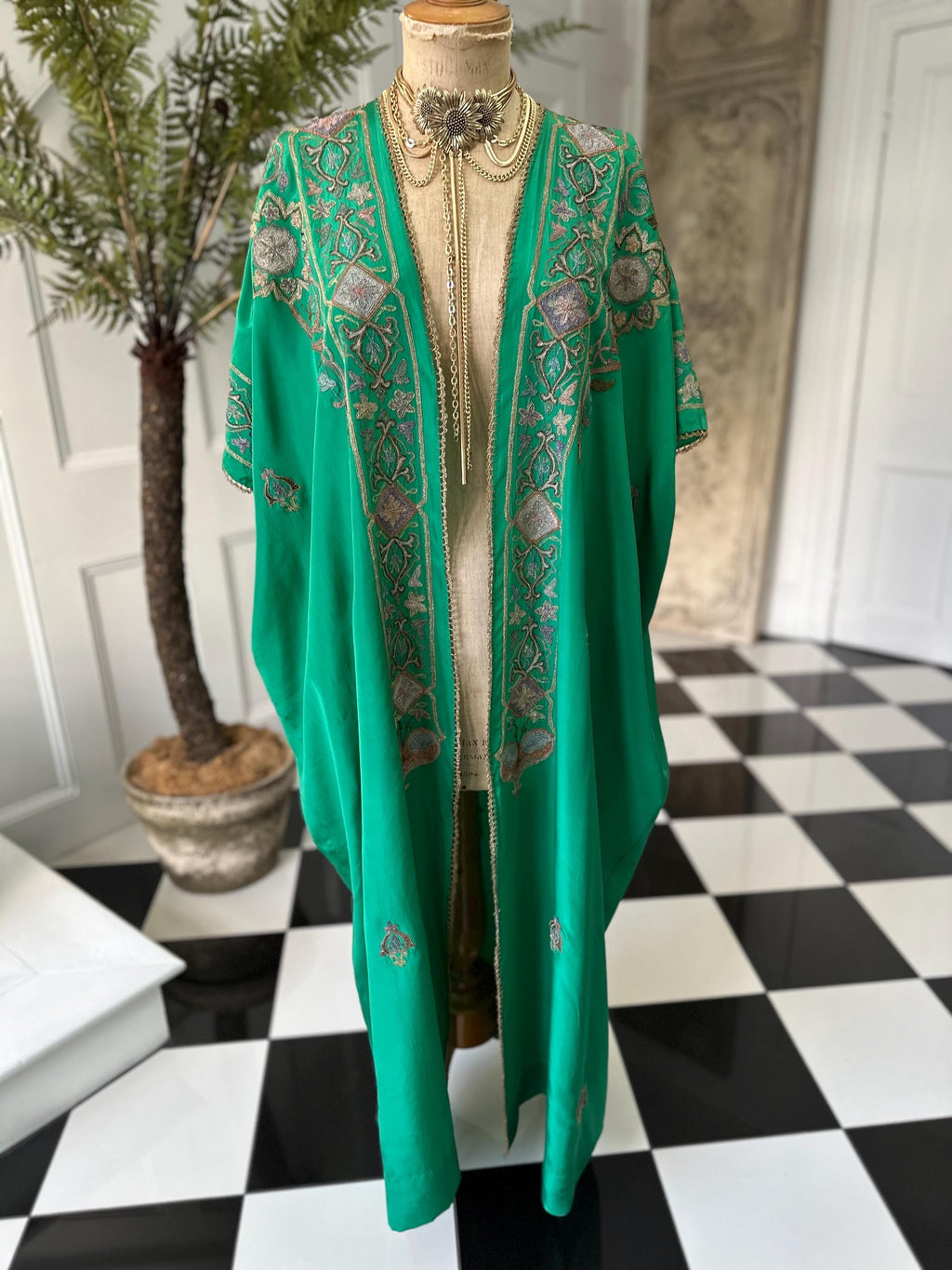 Antique Ottoman Silk Kaftan: 19th Century Emerald Green Embroidered Robe