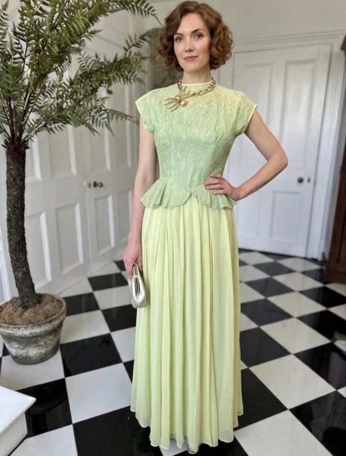 True 1940s Show Stopper Peplum Dress in chiffon and lace