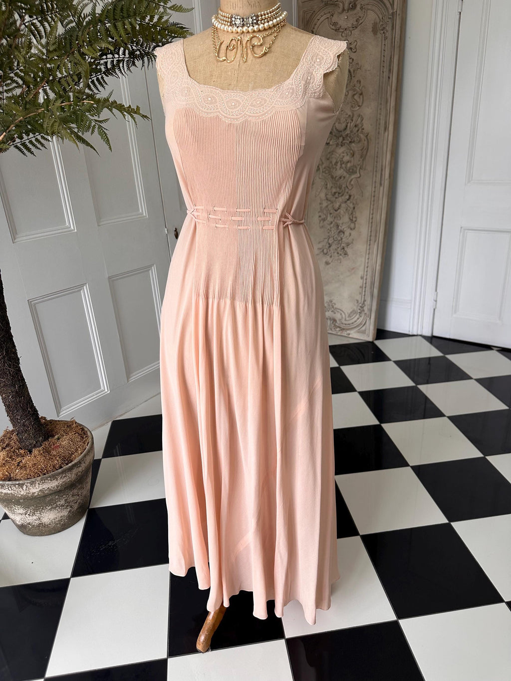 1930s Silk Crepe Gown: Hand-Embroidered Lace, Bias Cut Maxi Dress