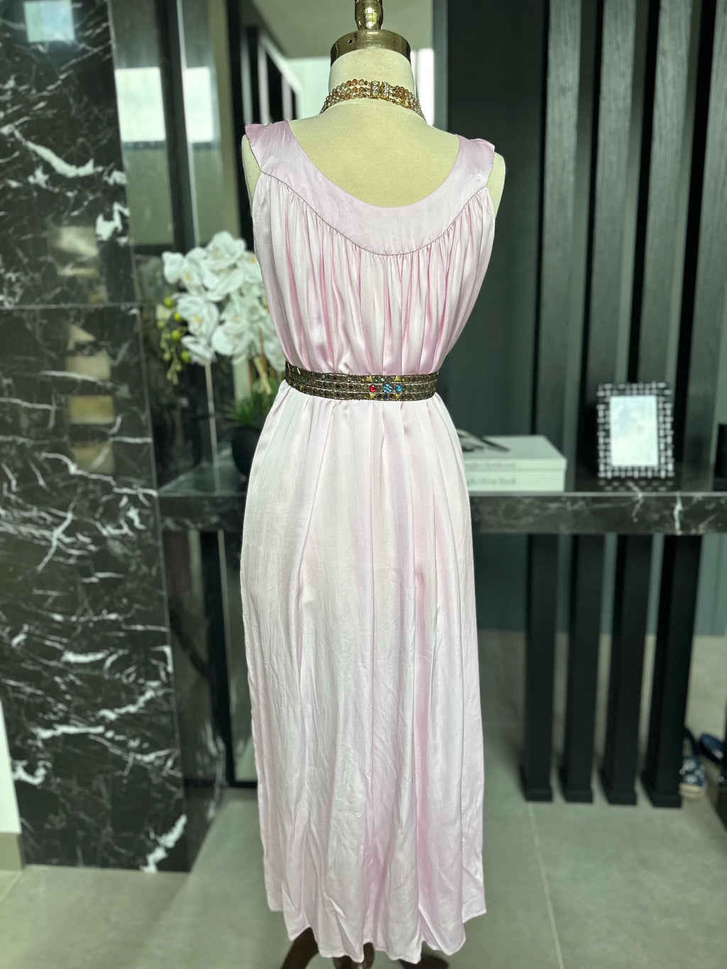 Vintage pink  liquid satin slip dress – Off-Shoulder Gown