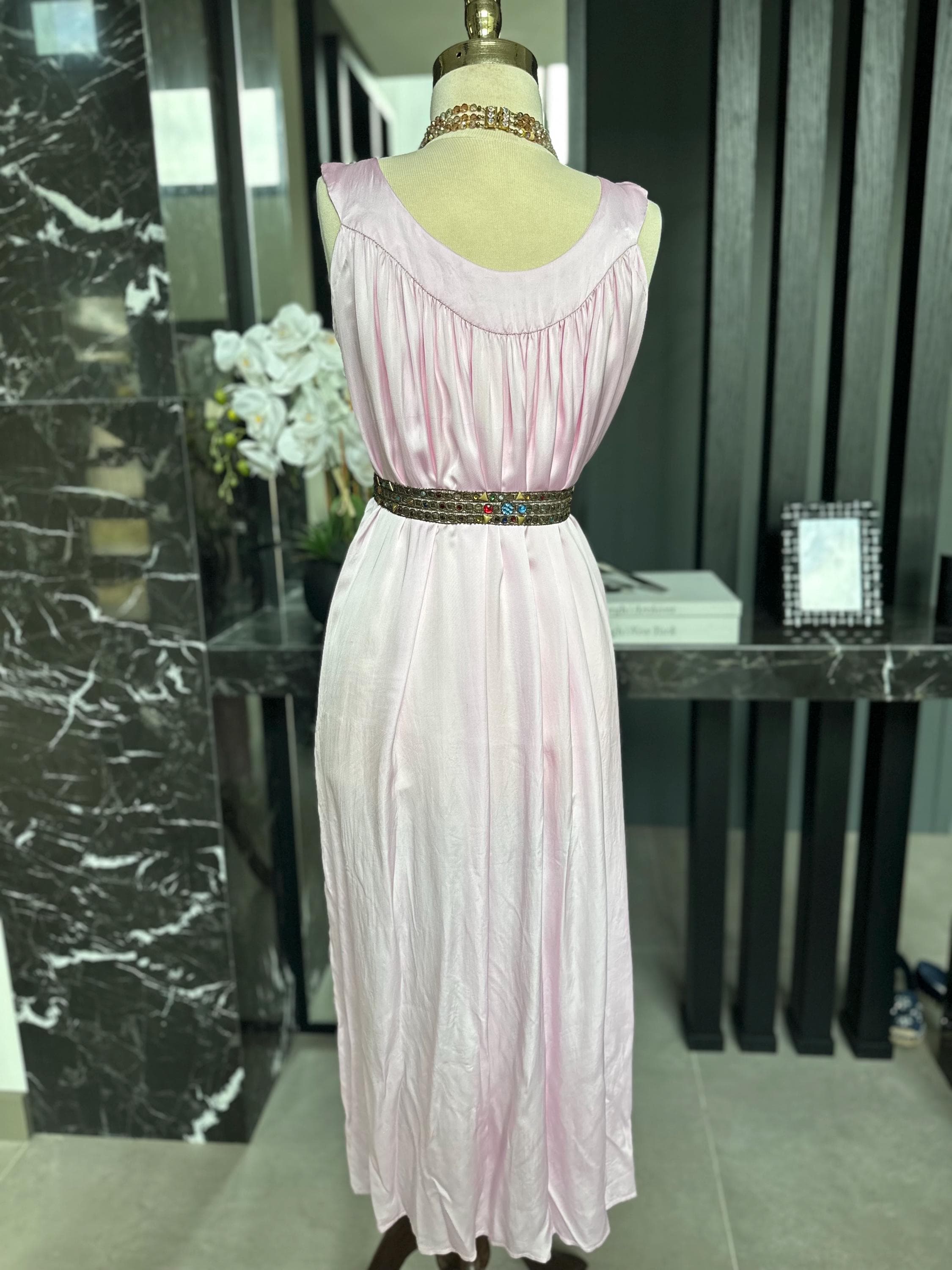 Vintage pink  liquid satin slip dress – Off-Shoulder Gown