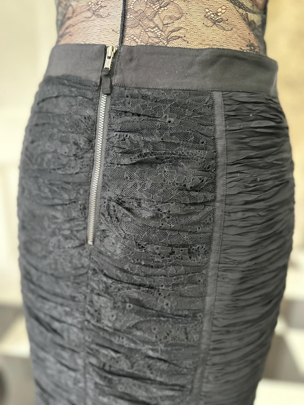Vintage Y2K Style ruched black lace pencil skirt