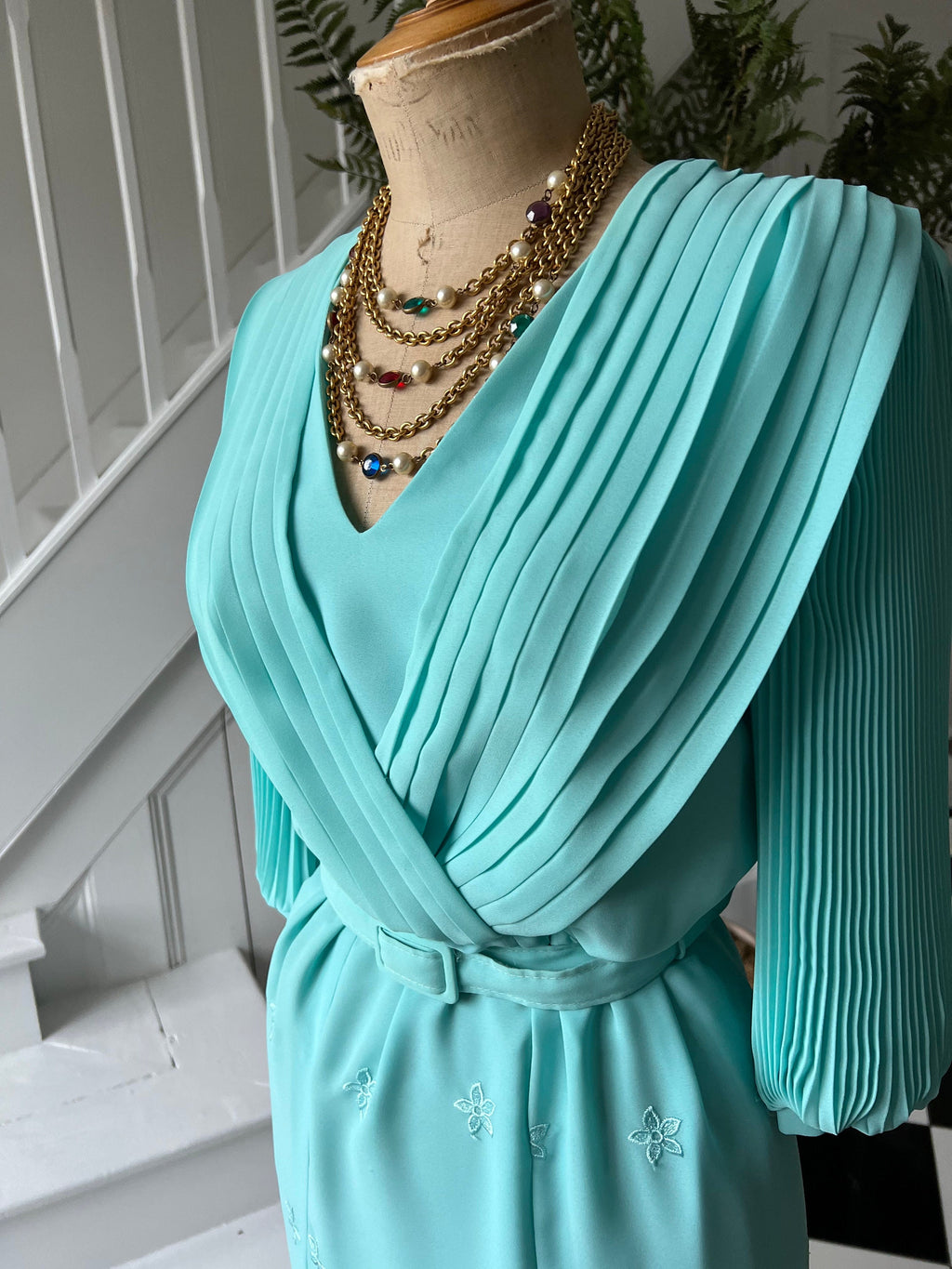 1980s Turquoise Pleated Dress: Vintage Embroidered Hem