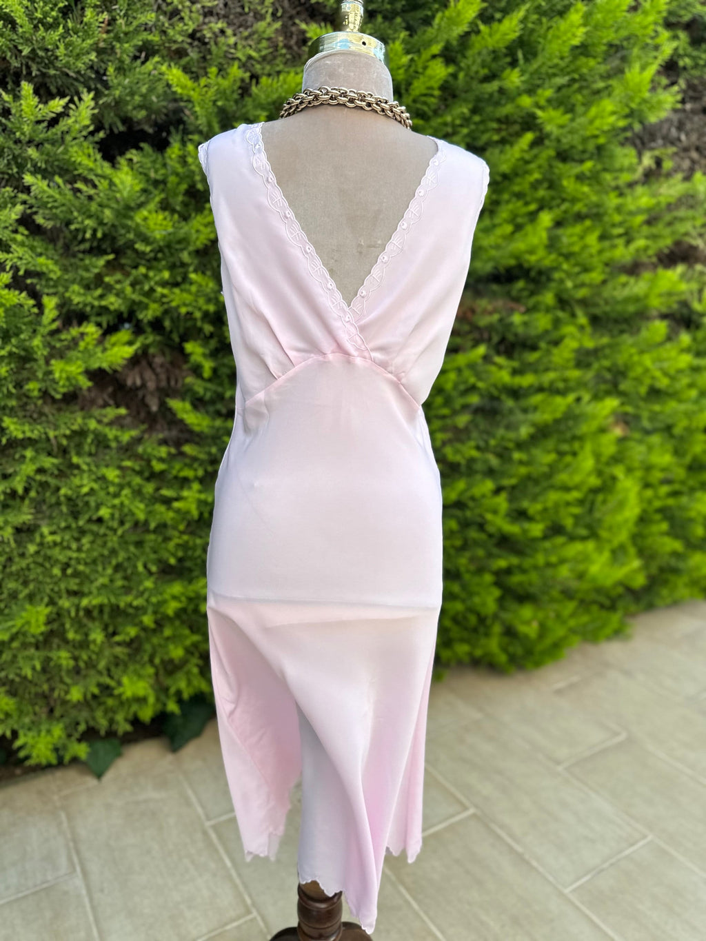 1970 Vintage long pink slip dress with a crossover top with embroidery details