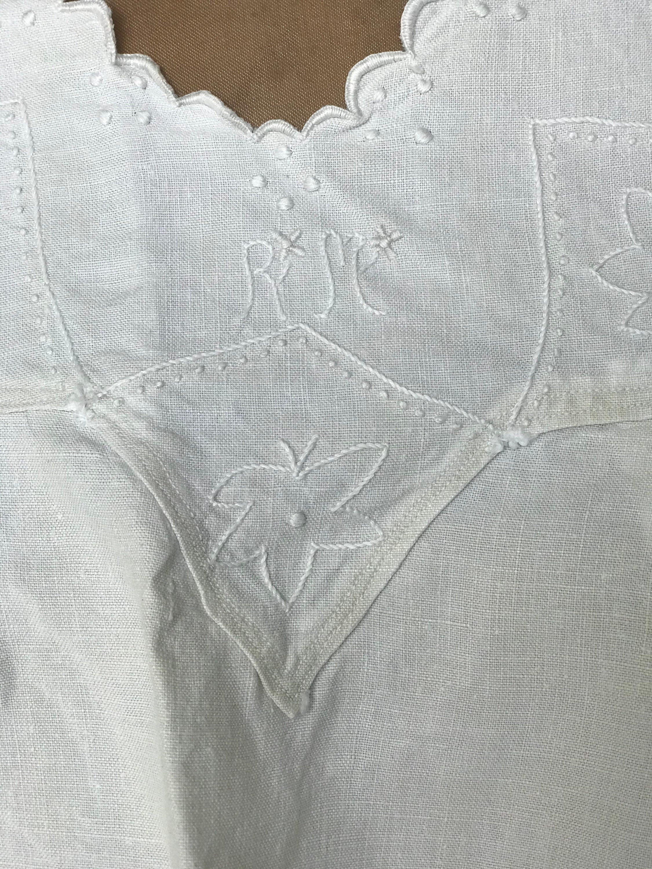 Antique Linen Smock Dress: Hand Embroidered Monogram, UK 8-10