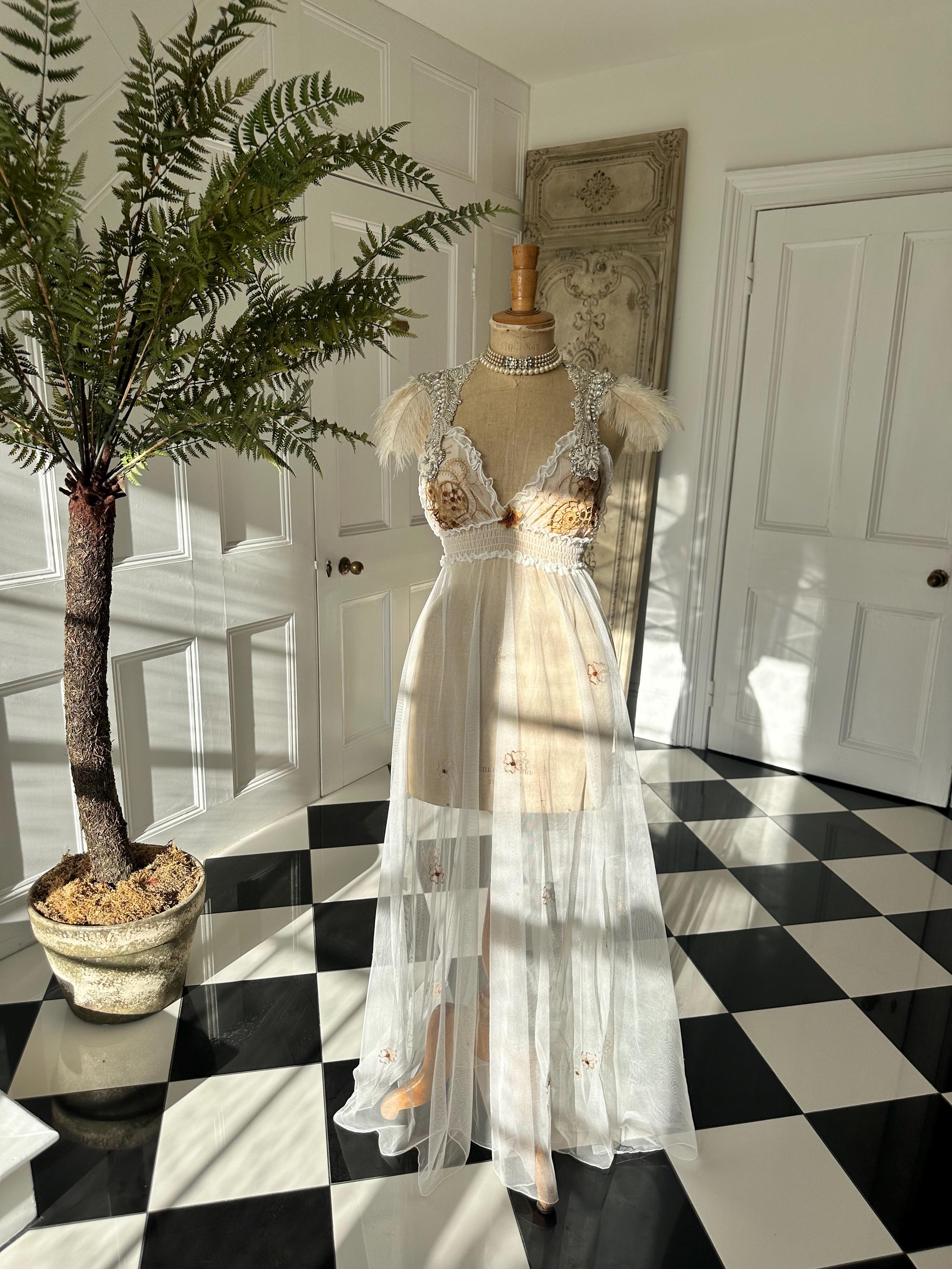 Vintage Ethereal Sheer Tulle Gown | Embroidered Gold Floral Bodice | Fairycore Maxi Slip