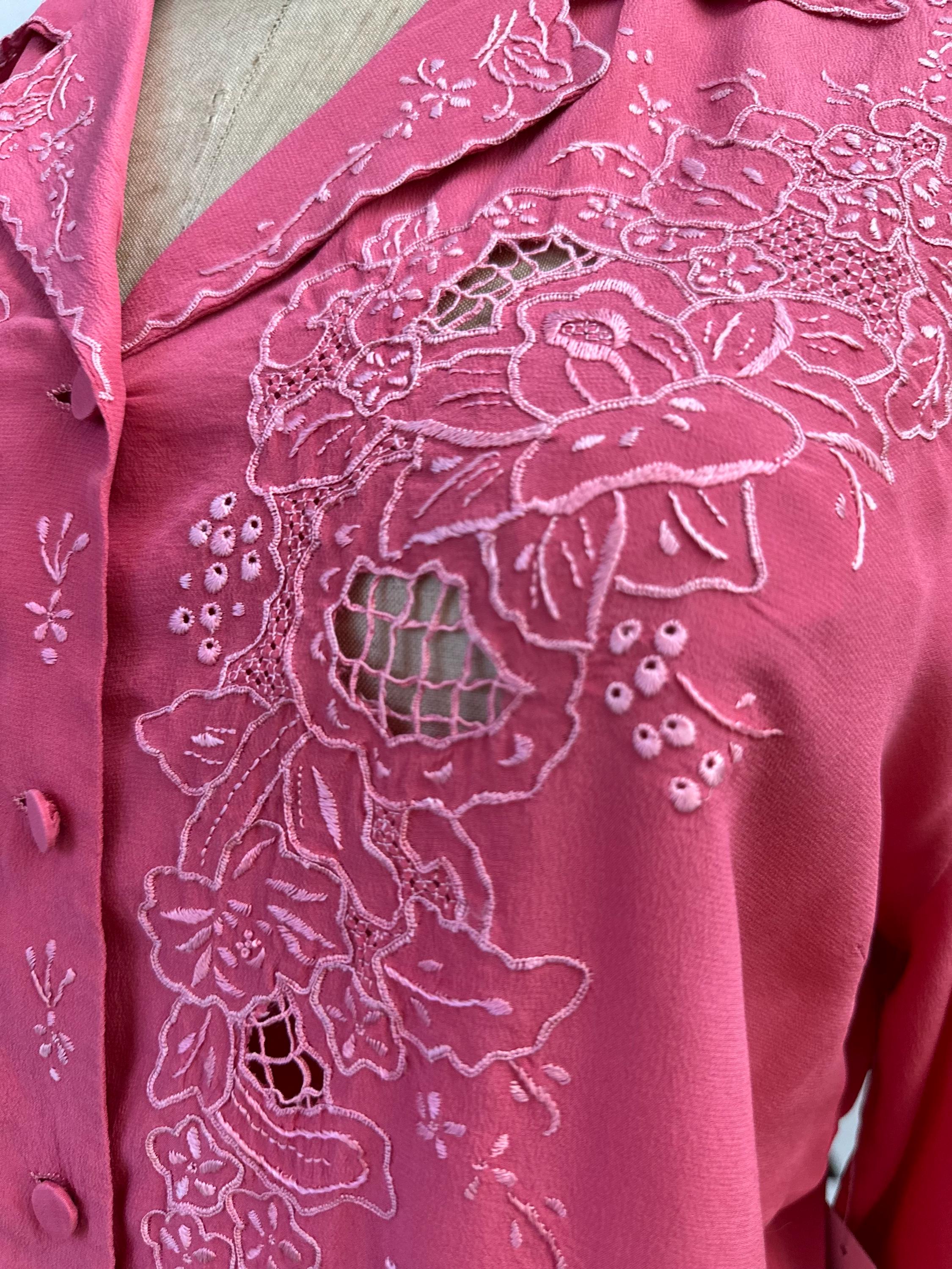 Vintage rose pink hand embroidery long sleeve blouse  large Uk 14 to Uk 16