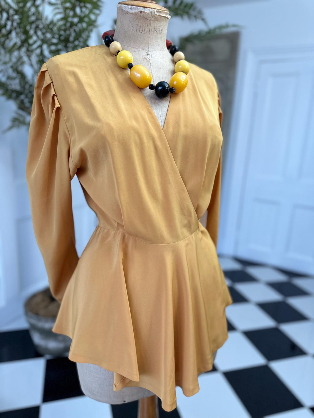 Vintage 1980s silk long sleeve wrap blouse in mustard