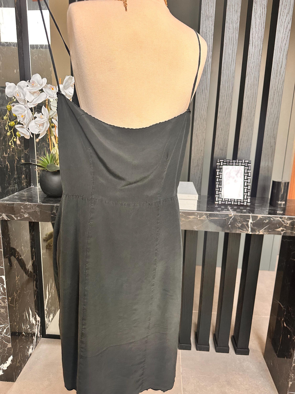1940s Washed Black Silk Slip – Art Deco Waist, Embroidered Bust, Midi Length