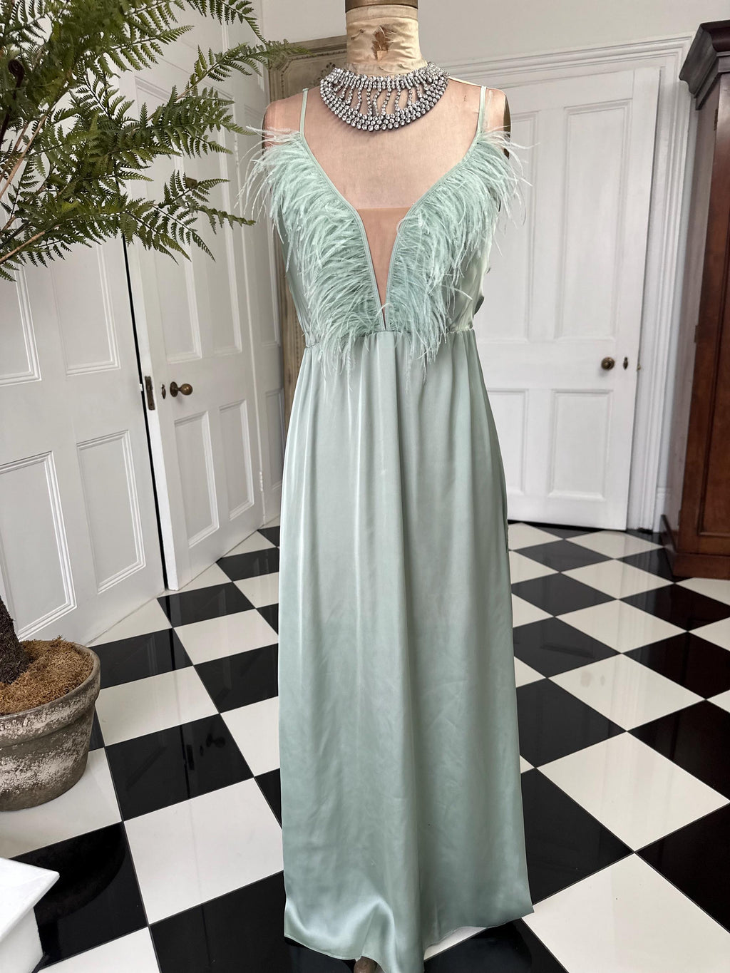 1930s style sage green  ostrich feather satin gown