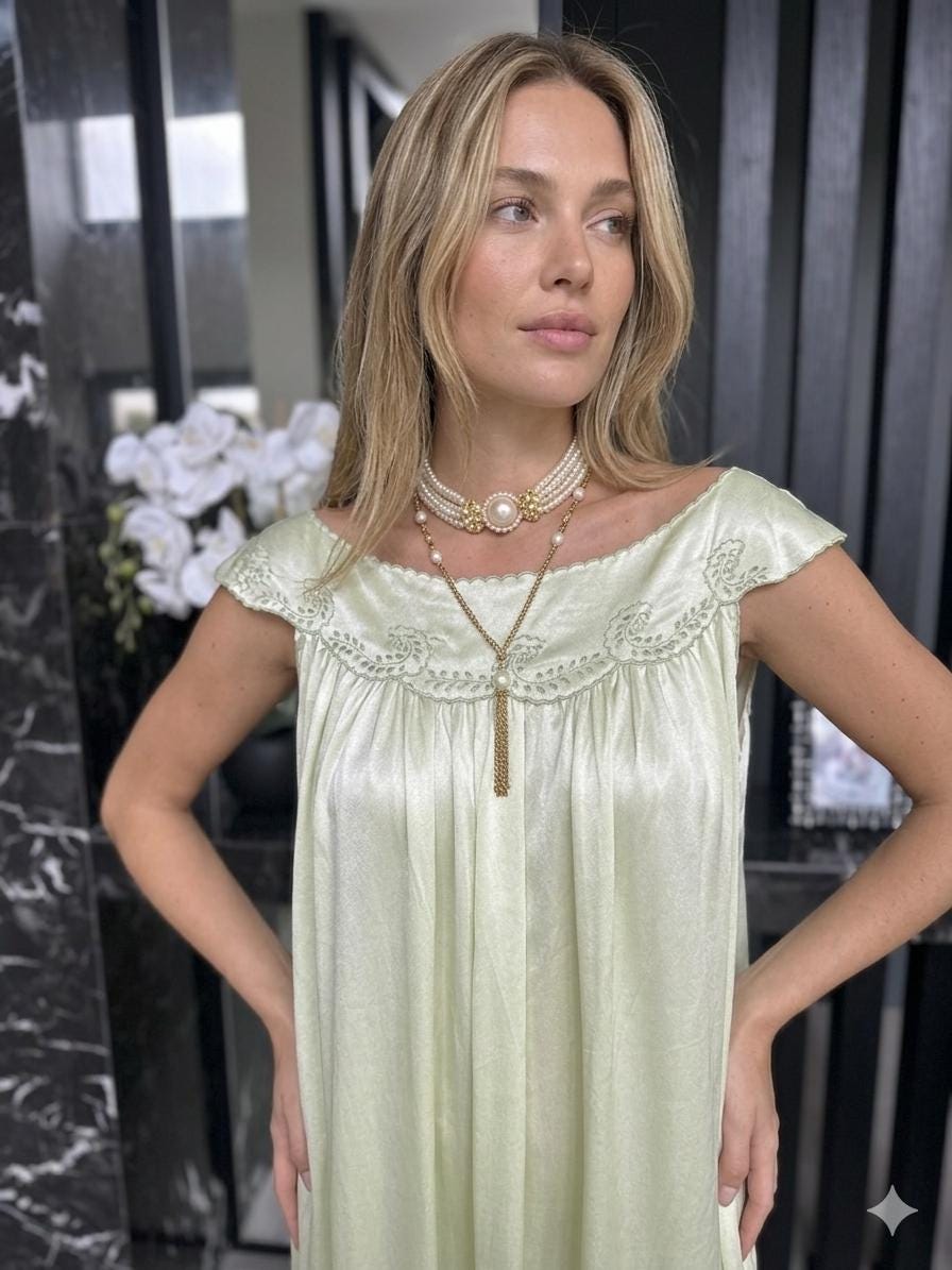 Antique 1920s-1930s Sage Silk Nightgown – Authentic Art Deco Off-Shoulder Gown