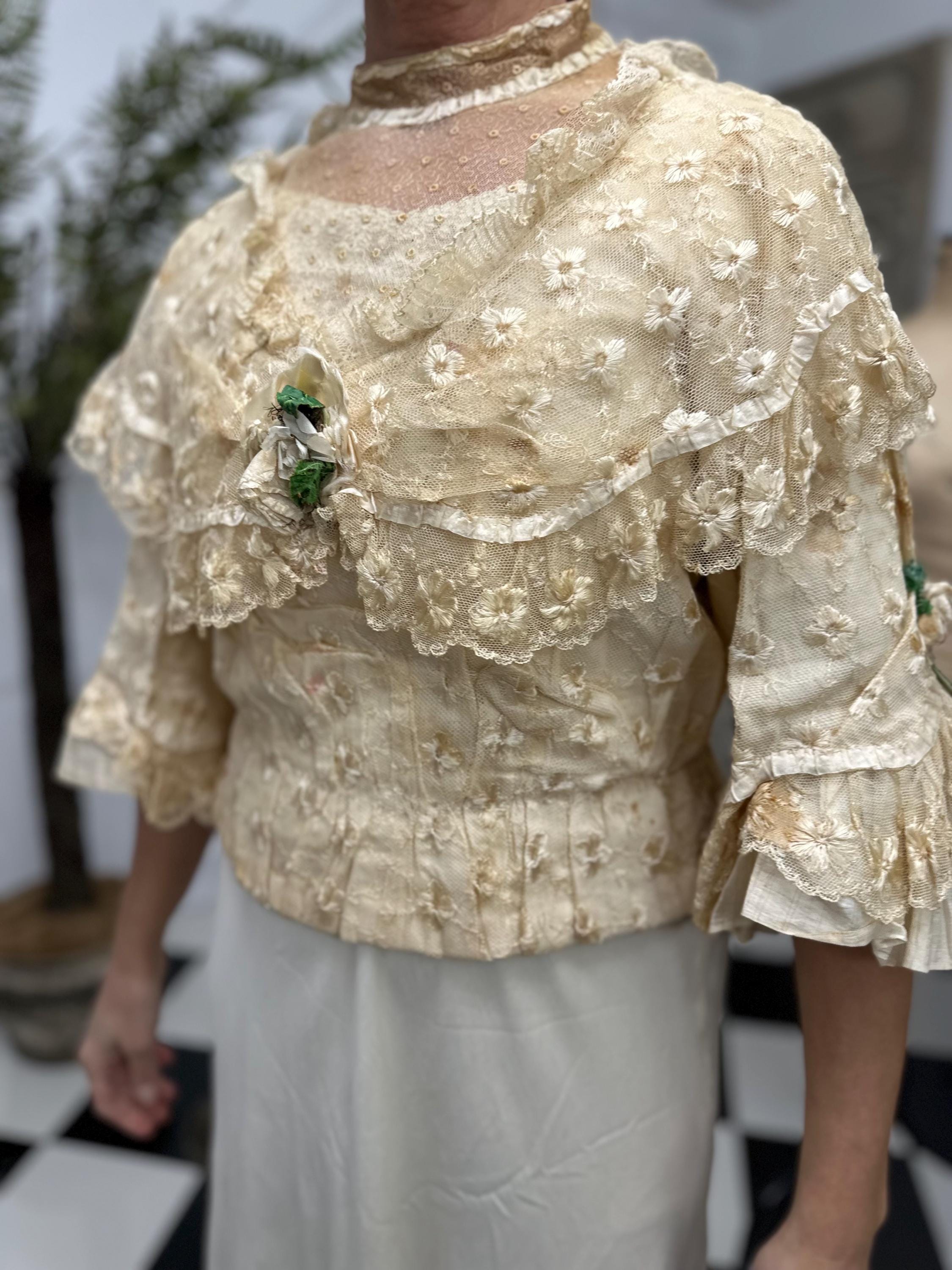 Romantic Lace Bridal Bodice Silk Embroidery with Floral Corsage and Silk Ribbon Details