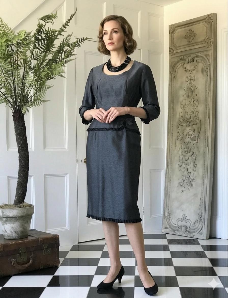 1950s Grey lame wiggle sheath dress