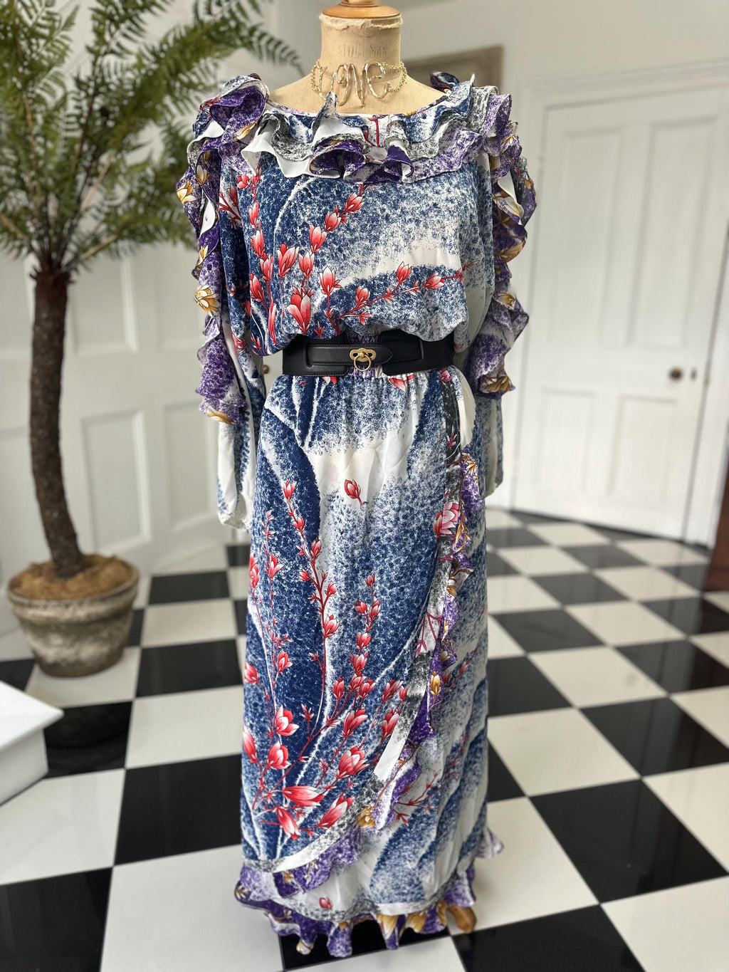 Vintage 1980s Diane Freis floral frilly Georgette maxi dress