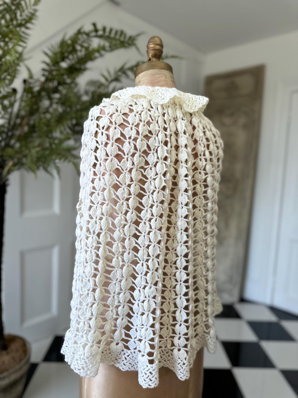 Vintage Off-White Hand Knitted Cape with Ruffle Neckline  and Pom Poms